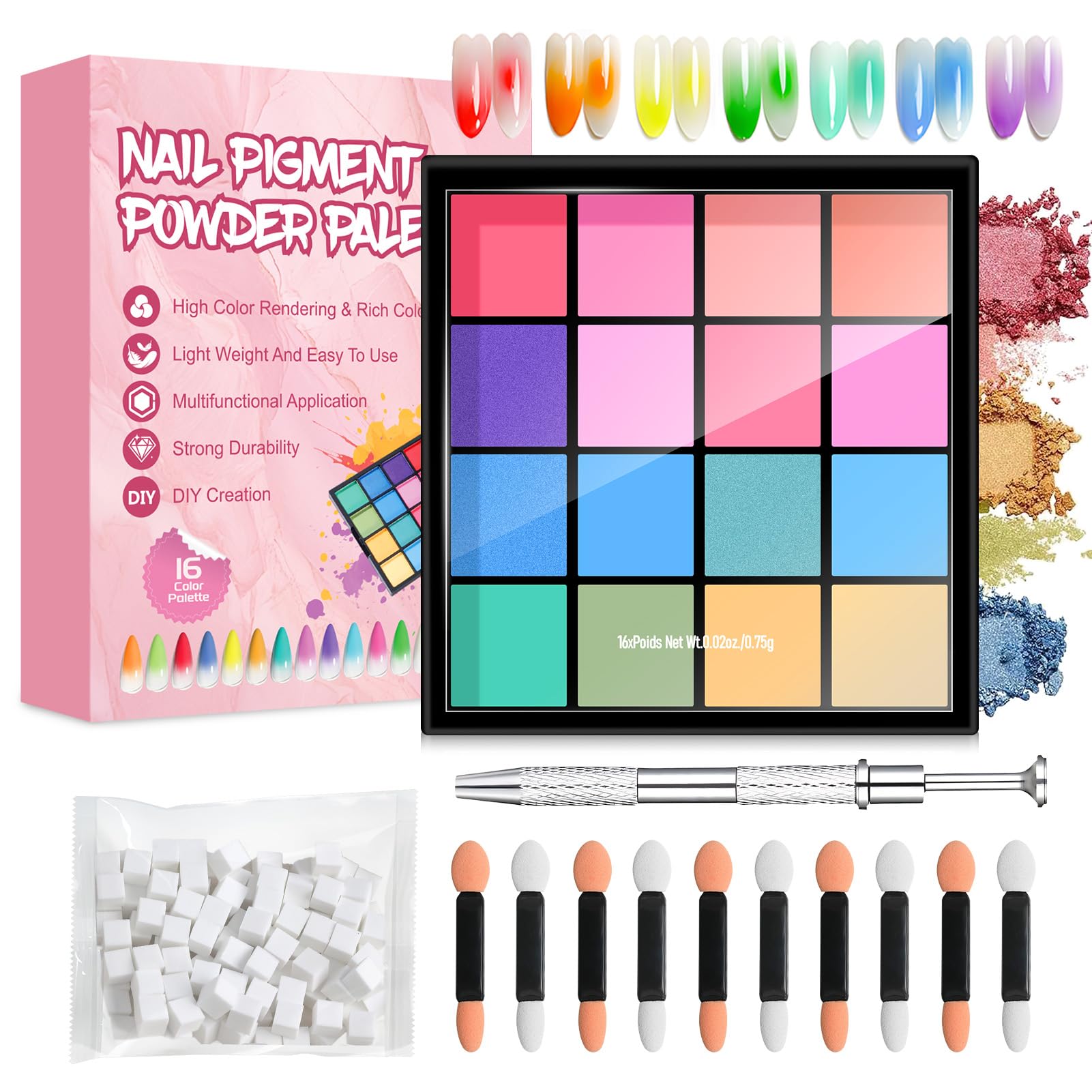 Poudre Chrome Ongle 16 Couleurs, Poudre Ongles Nail Art, Poudreongle Kit Inclus Pigment poudre, 50 Eponge ongles, 10 Bâton éponge, 1 Pince à épiler, Manucure Facile à créer