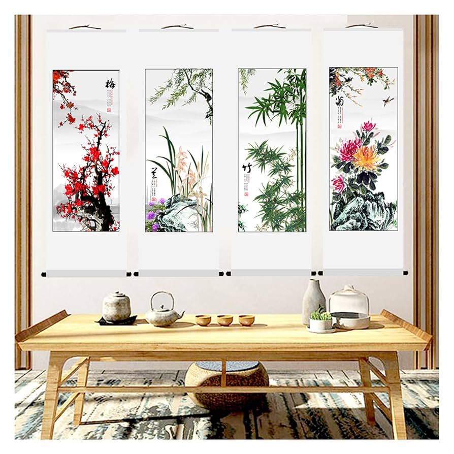 Amazon.co.jp: 掛け軸 梅蘭竹菊 四君子図 4枚組の絵 人気 現代の