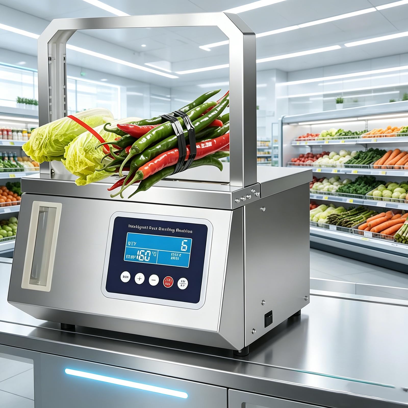 Vegetable Strapping Machine, 220V/110V, Stainless Steel, Adjustable Tension, Auto Heat-Seal OPP Strapping Machine, for Farm Packaging, Supermarket Packaging, Fresh Produce Bundling With Count 22×22cm