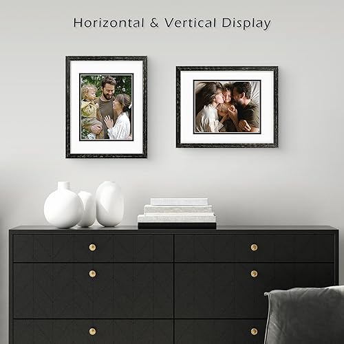 Miniatura 2 de Golden State Art, Marco de madera negra envejecida de 11 x 14 pulgadas con paspartú doble blanco sobre negro, muestra fotos de 8 x 10, vidrio real,