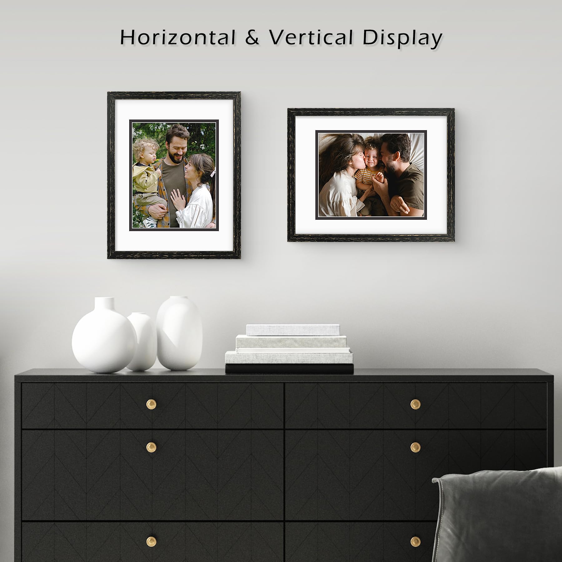 Golden State Art, 11x14 Distressed Black Wood Frame with White over Black Double Mat - Displays 8x10 Photos - Real Glass, Sawtooth Hangers, Back Turn Buttons - Wall Mounting, Landscape, Portrait