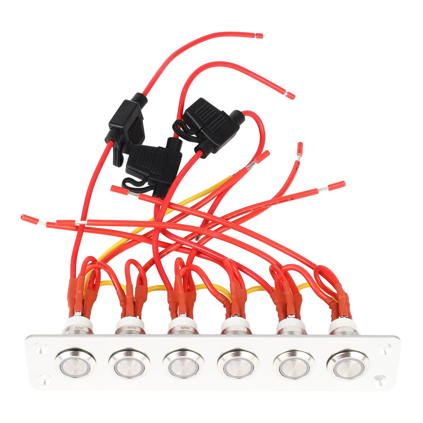 Akozon Panel Przełączników Przyciskowych 6-krotny, Okablowany z Niebieskimi Diodami LED do Samochodowego Jachtu RV, System 12V-24V DC, Przełączniki ze Stali Nierdzewnej i Panel Aluminiowy