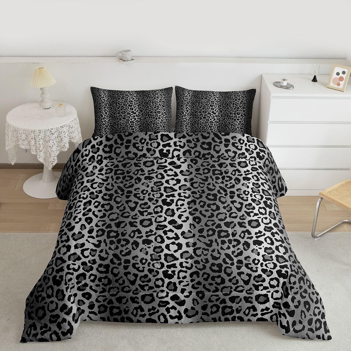 Feelyou Leopard Printed Comforter Set Africa Cheetah Print Bedding Set for Kids Boys Girls Teens Safari Animal Comforter Silver Gray Black Duvet Set Reversible Room Decor Quilt Twin Size Boys