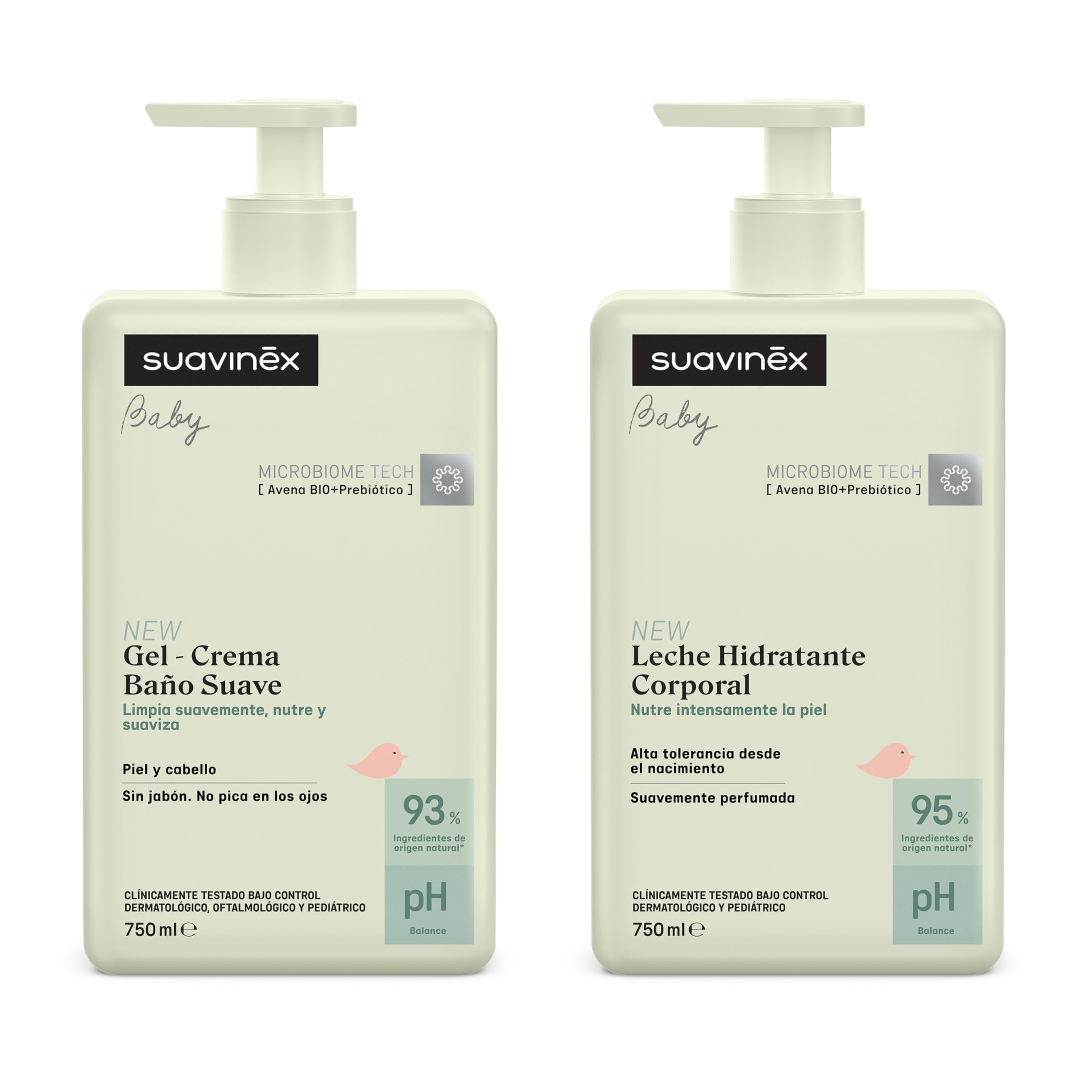 Suavinex, Pakiet dla niemowląt z żelem - Szampon Syndet do skóry i włosów, bez mydła, 750 ml + balsam nawilżający do ciała 750 ml, nadaje się do skóry wrażliwej i noworodków, z 90%-93% składnikami