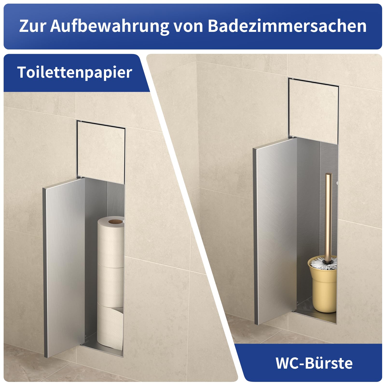 Edelstahl Unterputz Toilettenpapierhalter, Klopapierhalter mit Aufbewahrung Bietet Platz für Neue Rollen/Klobürstengarnitur, WC Papier Halterung für Toilette, 63×15×15cm, Silber