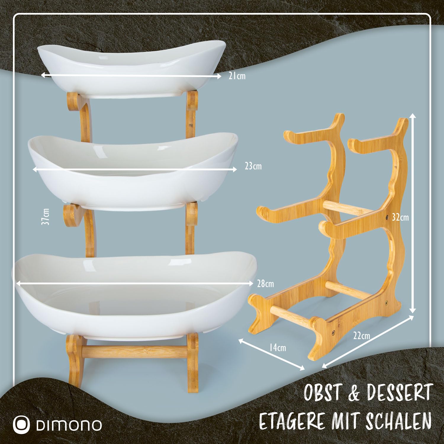 DIMONO® Etagere 3 Etagen Keramik, 32cm Bambus Ständer für Obst & Desserts | Platzsparende Obstetagere, kippsichere Keramikschalen, Bambus Servierständer, 3 stöckig, edle Gemüseschale für die Küche
