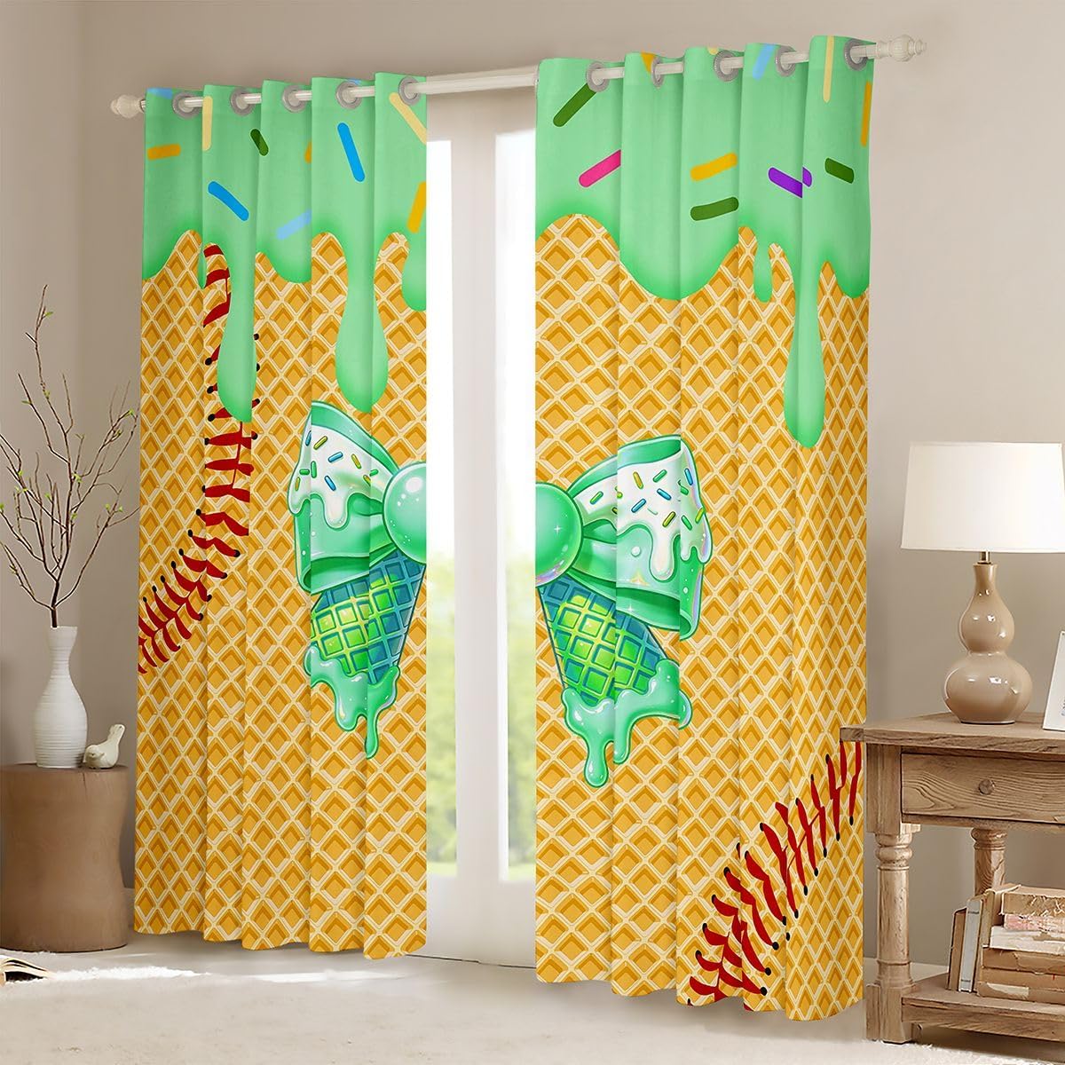Feelyou Baseball Blackout Curtains Cartoon Bow Darkening Drapes for Bedroom Living Room Decor Ice Cream Thermal Insulated Shades Window Treatments, 2 Panels 38 x 45 Inch