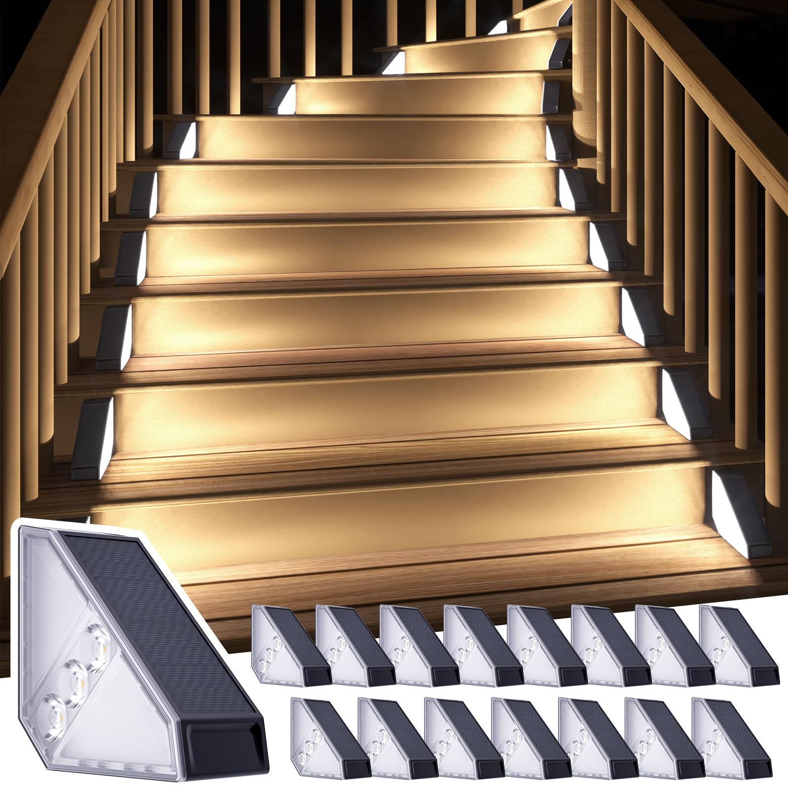 ROSHWEY Solar Step Lights for Outside, 16 Pack Solar Powered Stair Lights Outdoor Waterproof, Triangle Deck Step Light, Outdoor Decor Lighting for Front Porch, Backyard, Patio, Cool White