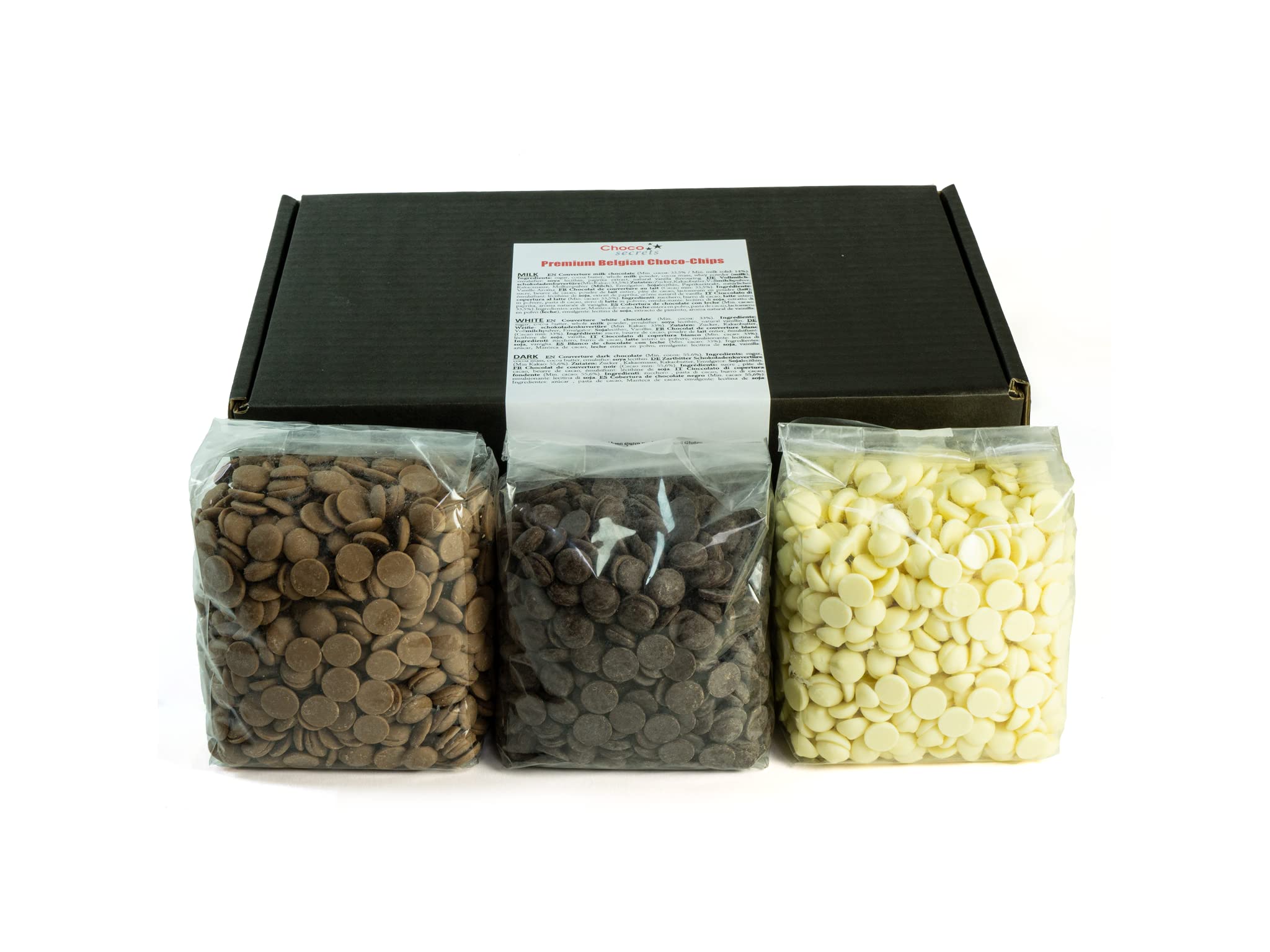 CHOCO SECRETS - Trio - 3 x 600g belgische Vollmilch, dunkle Zartbitter, Weiß, Schokolade für schokobrunnen - Schokofondue Schokolade - Kuvertüre für Schokoladenbrunnen