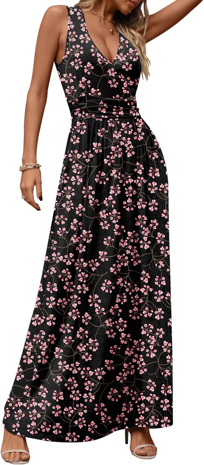 CATHY Women's Casual Sleeveless Deep V Neck Beach Waist Maxi Dresses with Pockets - Image 3