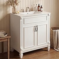 Sweetcrispy 30 Inch Farmhouse Bathroom Vanity with Ceramic Sink, Soft-Close Doors, 2 Shelves Storage - Ivory White Freestanding Cabinet