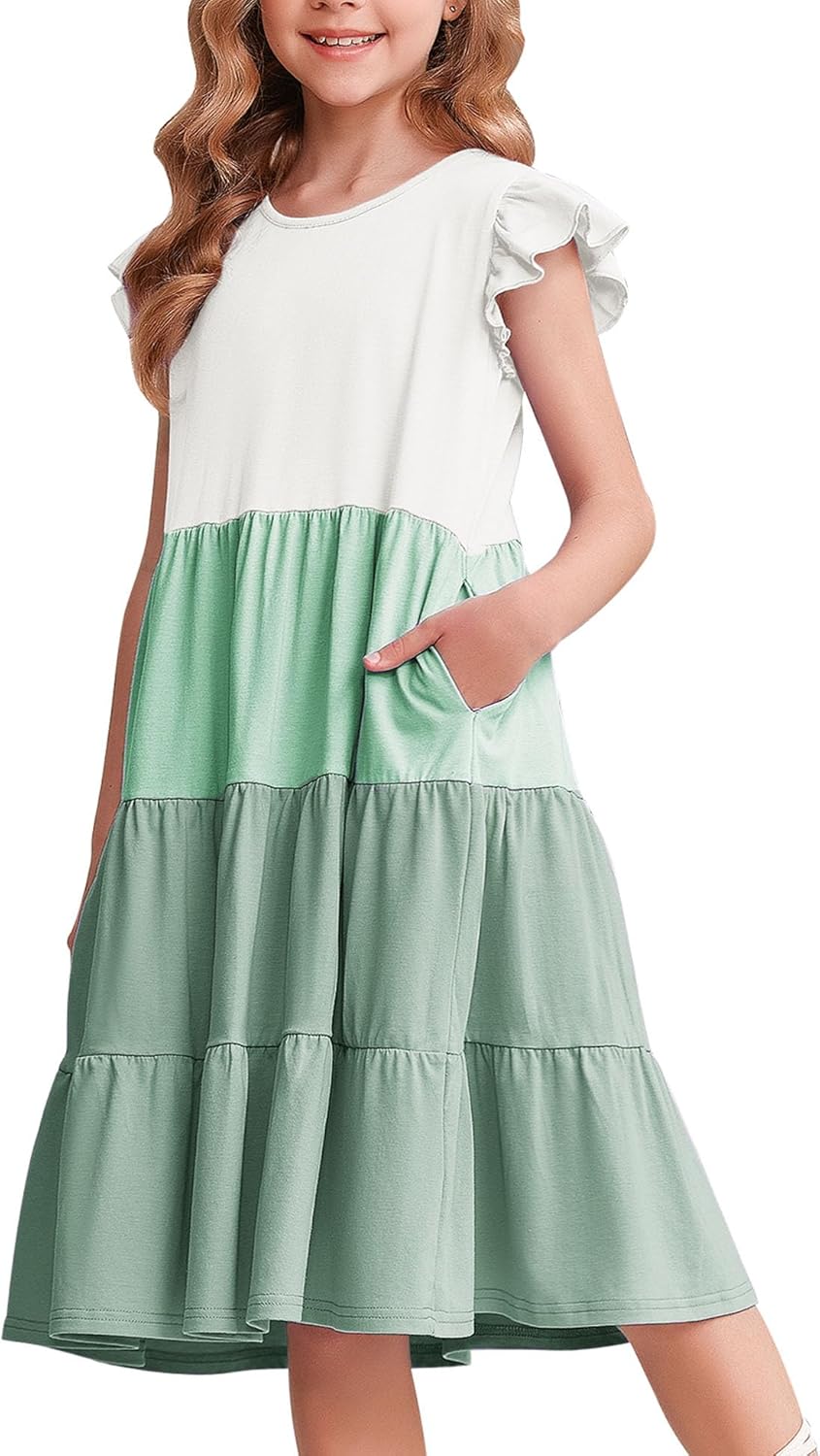 Arshiner Girl's Summer Dresses Ruffle Sleeve Tiered Swing Midi Casual Sundress with Pockets