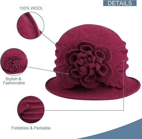 Miniatura 3 de Sumolux Sombrero de boina para mujer, estilo francés, vintage, floral, de lana, Cloche, clásico, de invierno, 1920