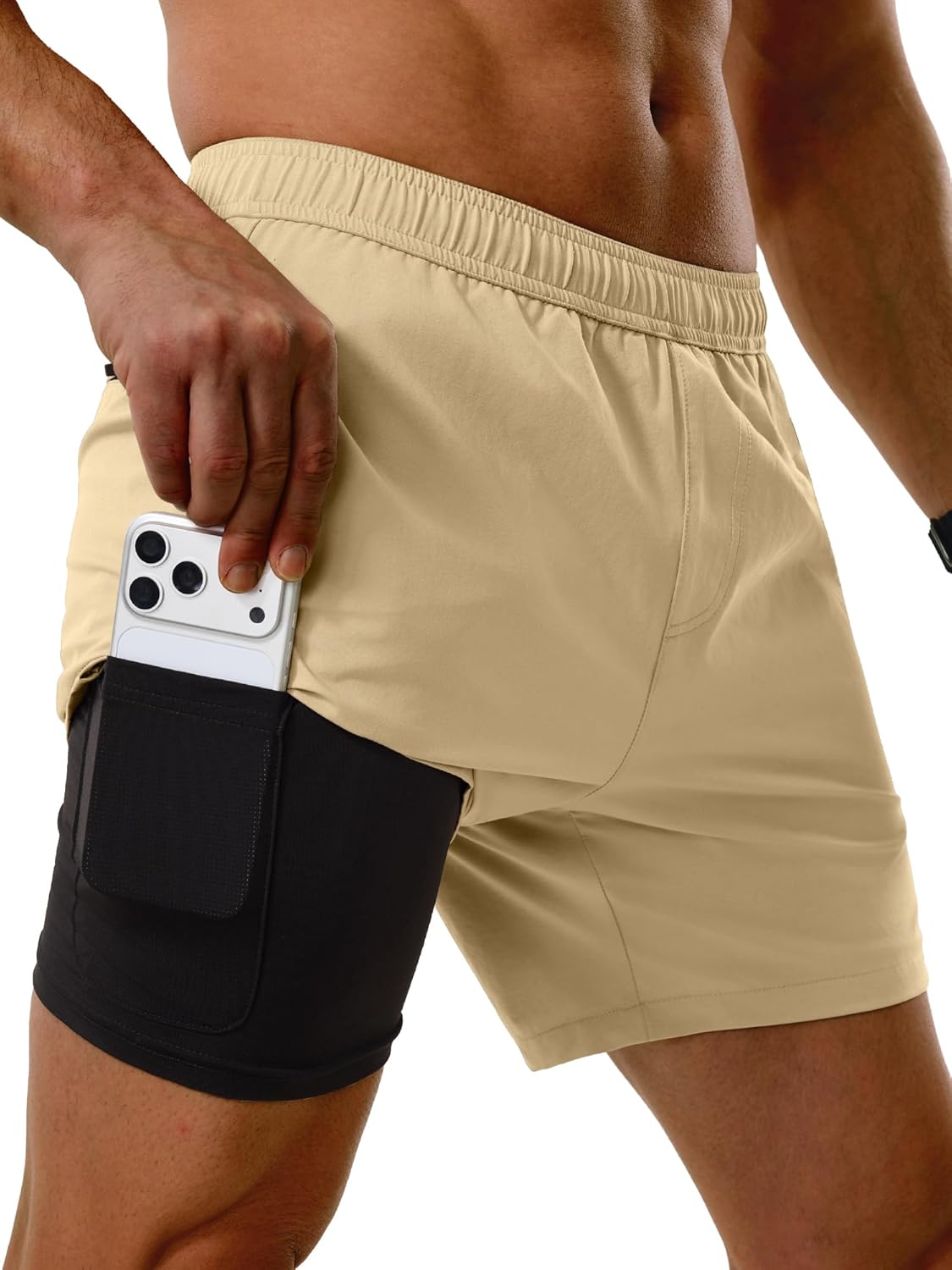 Gym Shorts Men 5" Elastic Lightweight 2 in 1 Short Quick Dry Shorts for Running Sweat Beach Khaki L