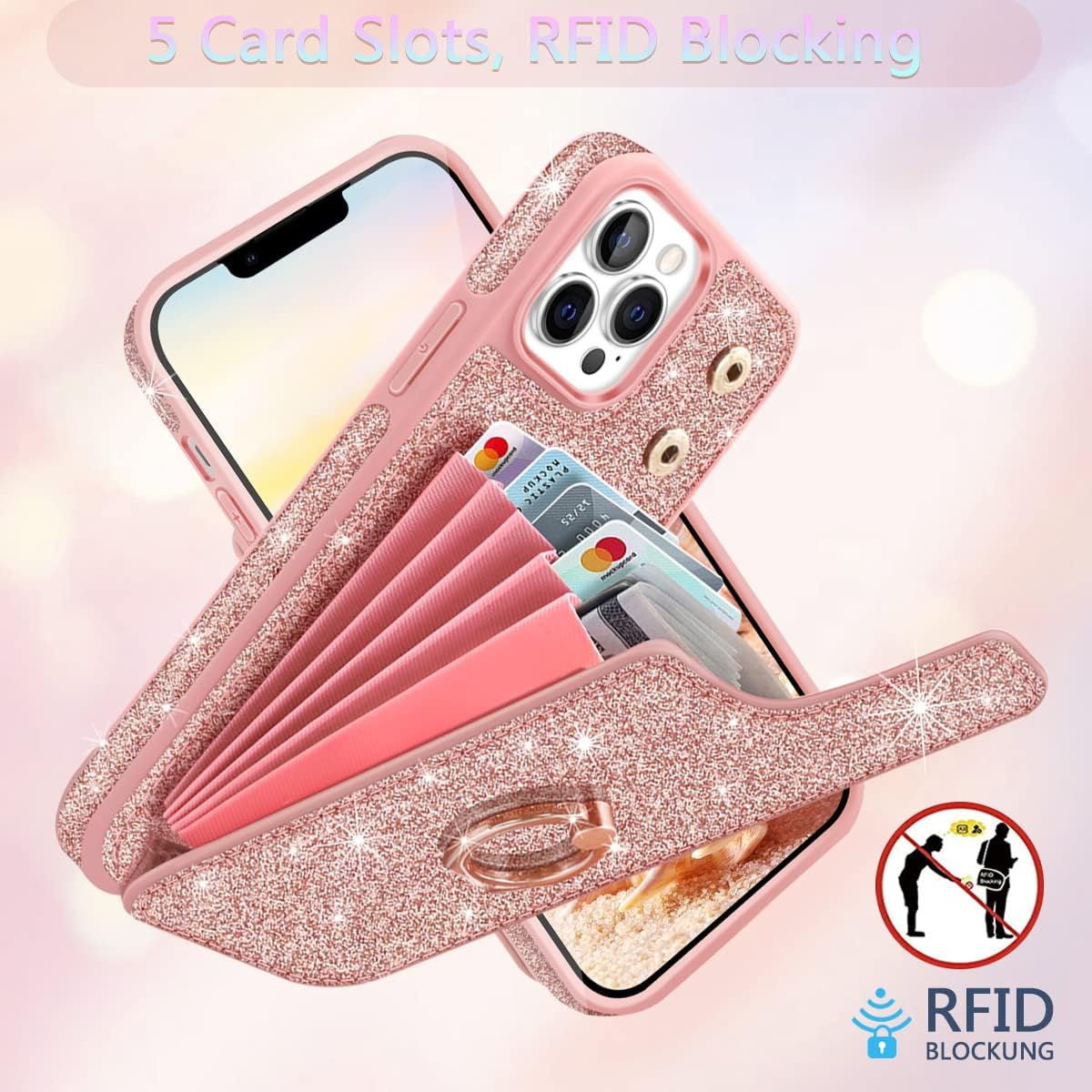 for iPhone 12 Pro Max Phone Case Wallet(NOT FOR iPhone 12/12 Pro/12 Mini)Glitter 5 Card Holder 360°Ring Kickstand with Screen Protector+Camera Lens Protector Cases for iPhone 12 Pro Max,6.7"