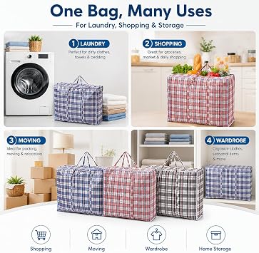 1ABOVE 3 Pack Medium Zipped Storage Bags 57 x 47 x 30 cm | Reusable waterproof bags with strong handles, ideal for clothes, laundry, shopping and moving.