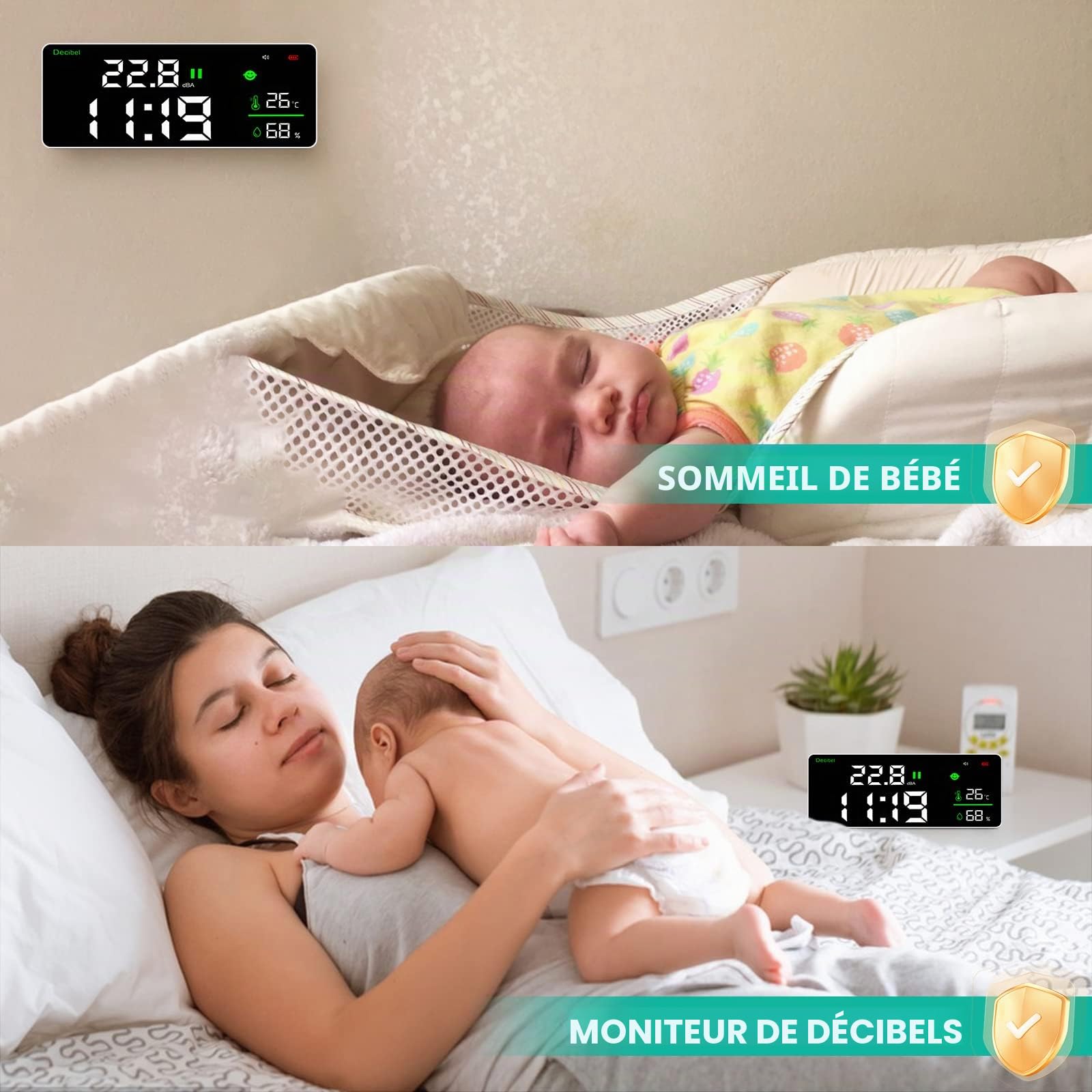 Sonomètre Mural, Grand écran LCD Décibelmètre 30-130 dB, Mesure de Température, Humidité, Décibel Avec Alarme, Moniteur de Bruit Pour Salle de Classe d'usine à Domicile