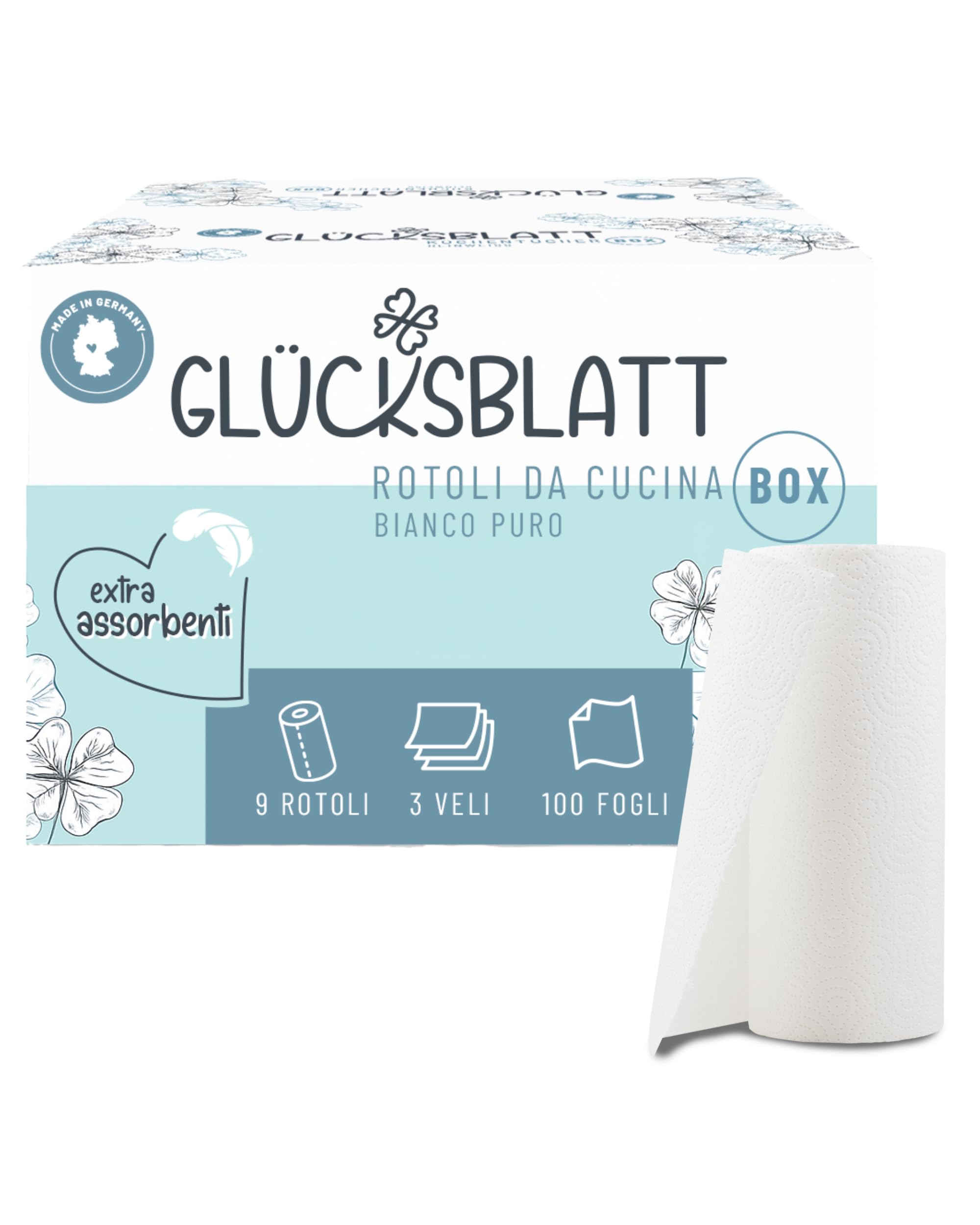 Glücksblatt Asciugamani da Cucina, 9 Rotoli da 100 Fogli a 3 Strati, Senza Plastica, Sostenibili, per la Casa, Carta da Cucina