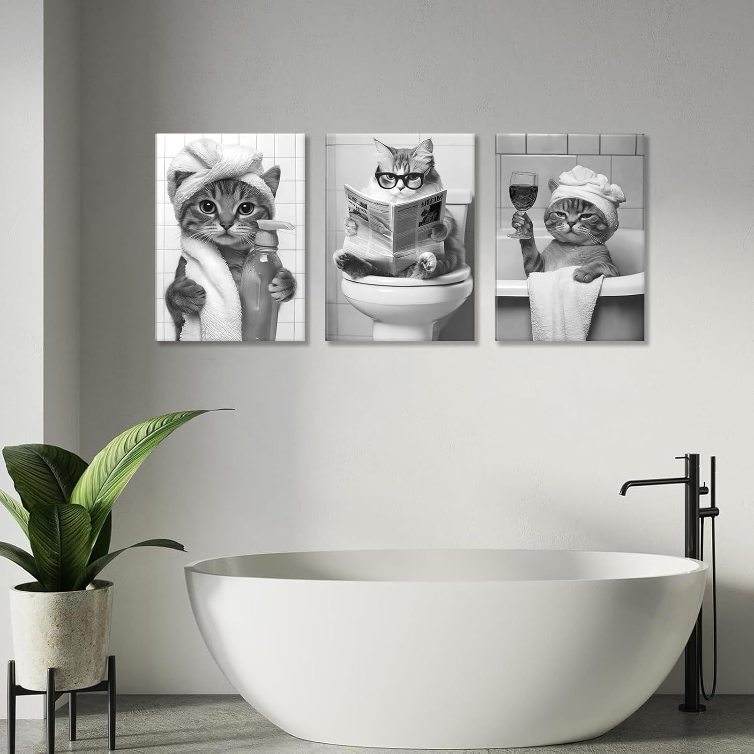ZUGHRERF Black and White Cat Bathroom Canvas Wall Art Funny Cute Animal Poster Prints Artwork Pictures Humor Animals Paintings for Lavatory Restroom Toilet Home Decor 16x24 inch (canvas) - Image 2