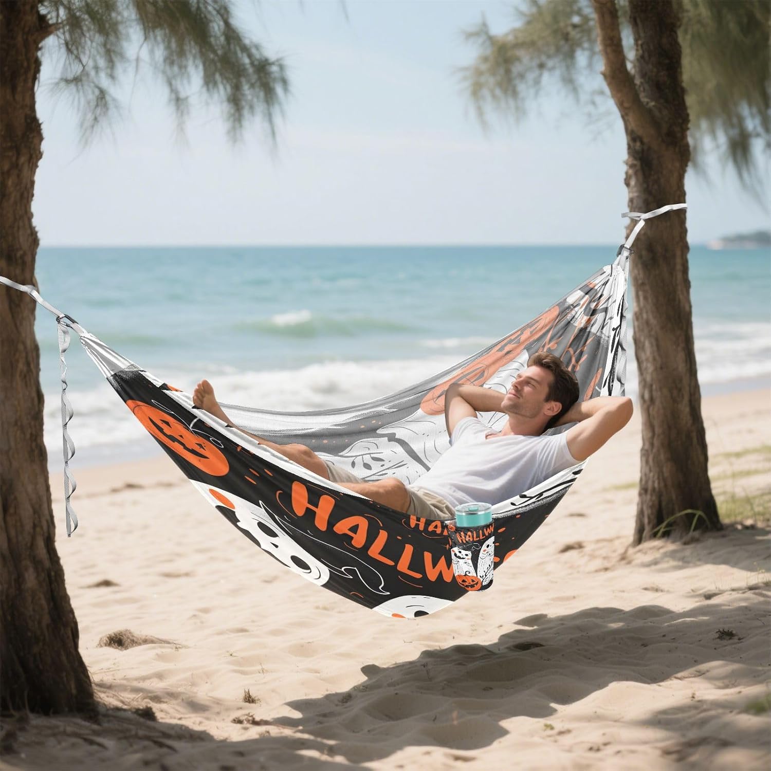 ALAZA Halloween Pumpkin Ghosts Camping Hammocks Single or 2 Person 500 lbs Portable Parachute Travel Hammock w/Tree Straps for Hiking Backpacking Indoor Outdoor