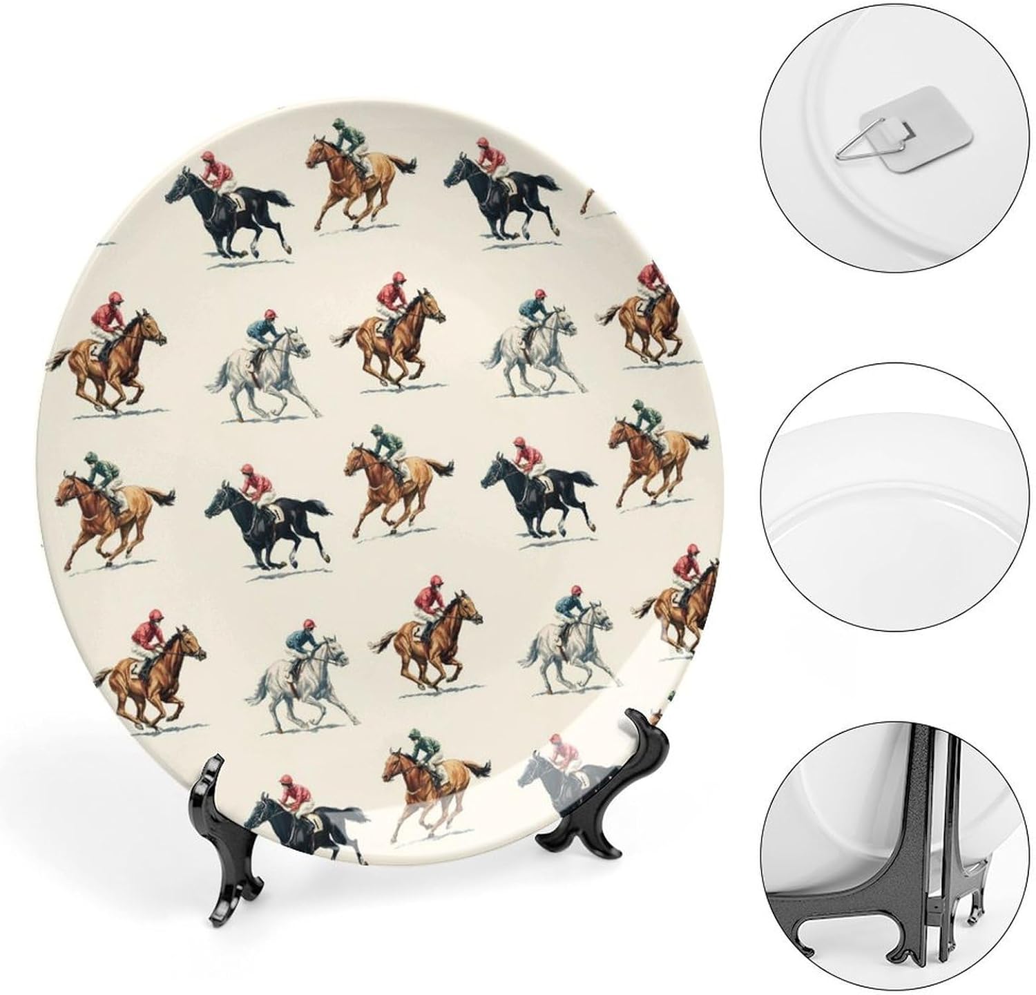 Horse Racing Jockeys Decorative Plates for Display Ceramic Plate Tray with Stand Hanger Home Decor