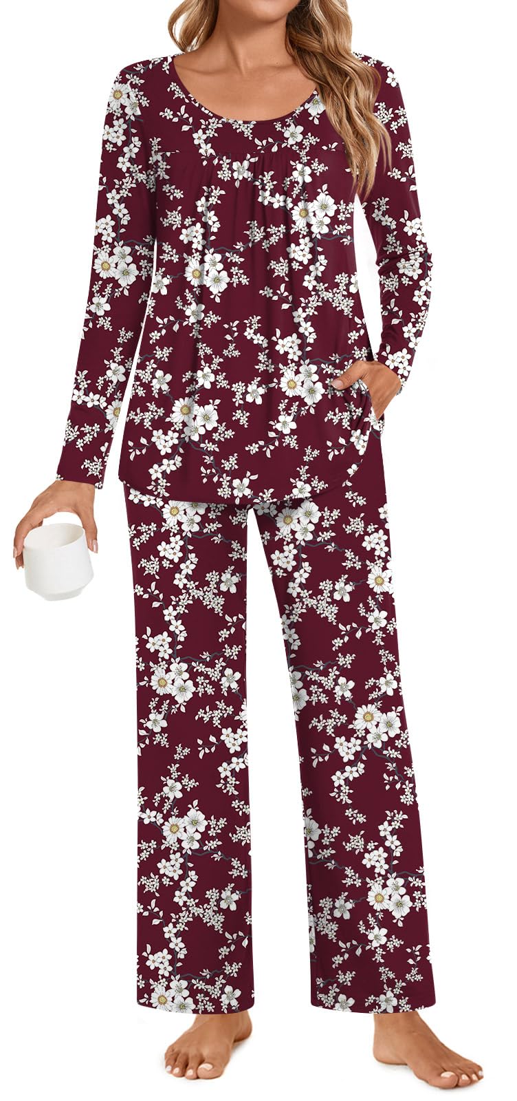POPYOUNG Womens Pajama Set 2 Pieces Fall Long Sleeve Pjs Winter Ladies Pajamas Lounge Sleepwear with Pockets M