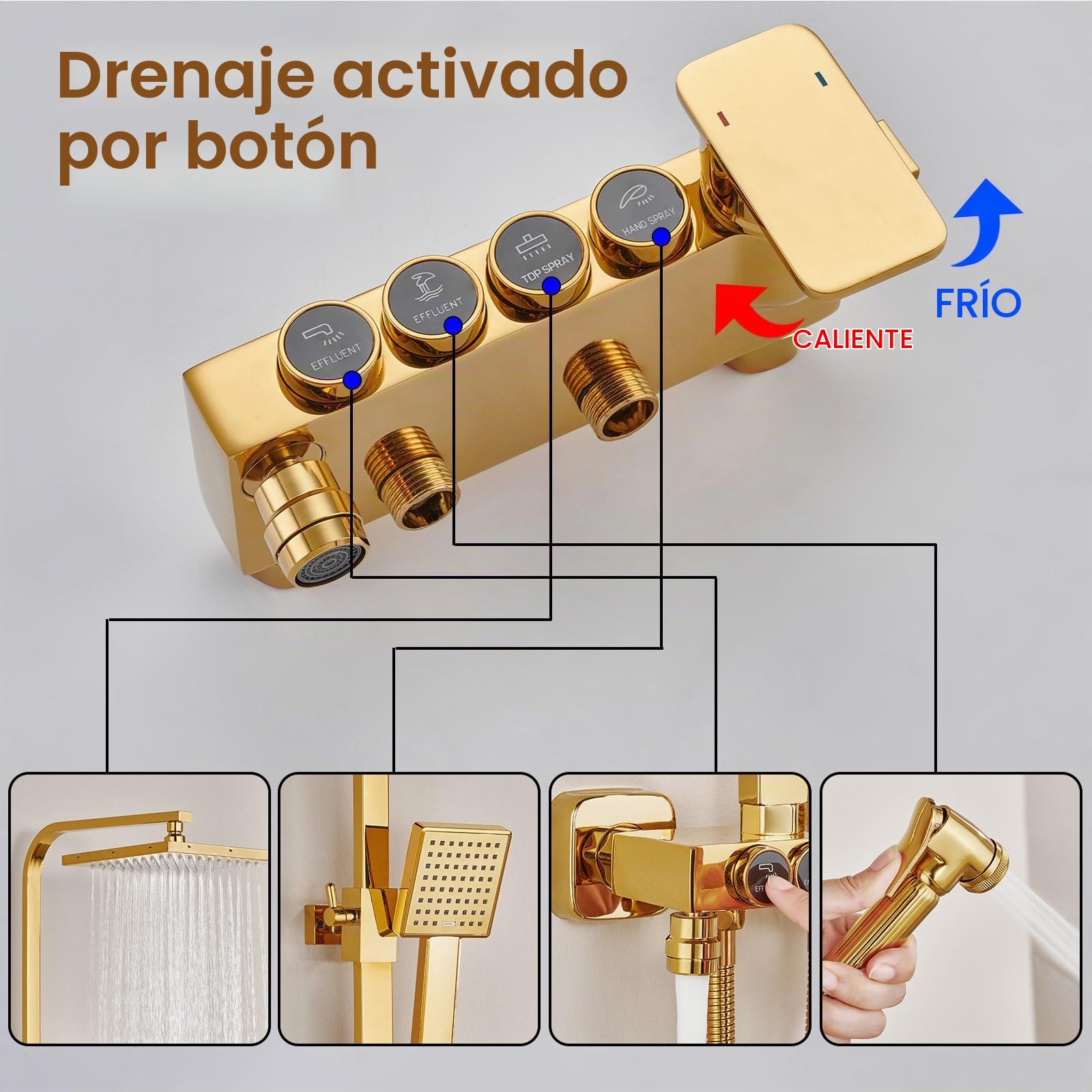 Columna Ducha, Columna de Ducha Oro Cepillado 4 in 1,Sistema de Ducha Latón | Conjunto de Ducha con Ducha de Techo de 225mm, Ducha de Mano, Grifo de Bañera y Ducha Higienica, Altura y Ángulo Ajustables
