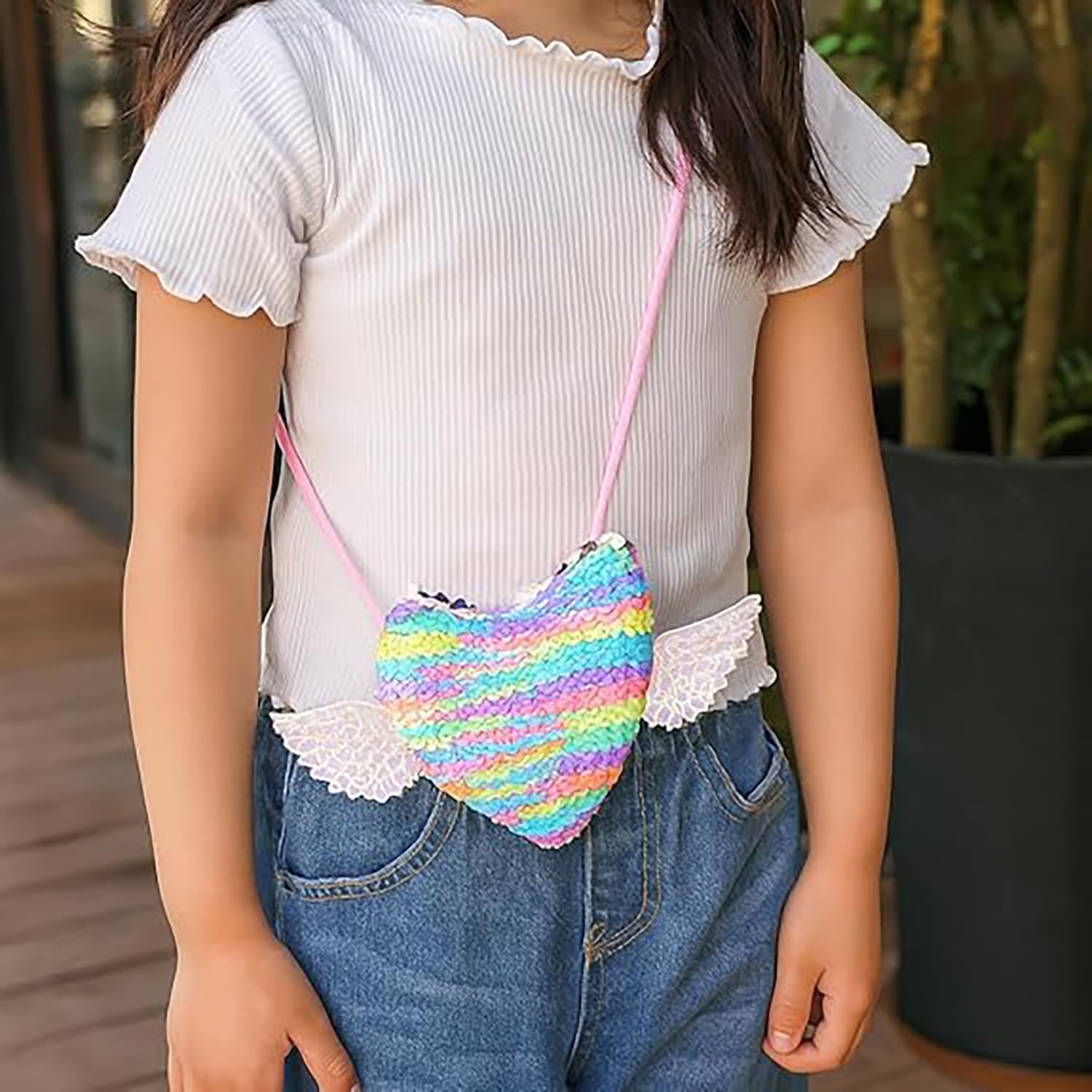 Magical Mermaid Heart Sequin Crossbody Purse for Girls Mini Glitter Shoulder Bag with Angel Wings Party Wallet Pouch