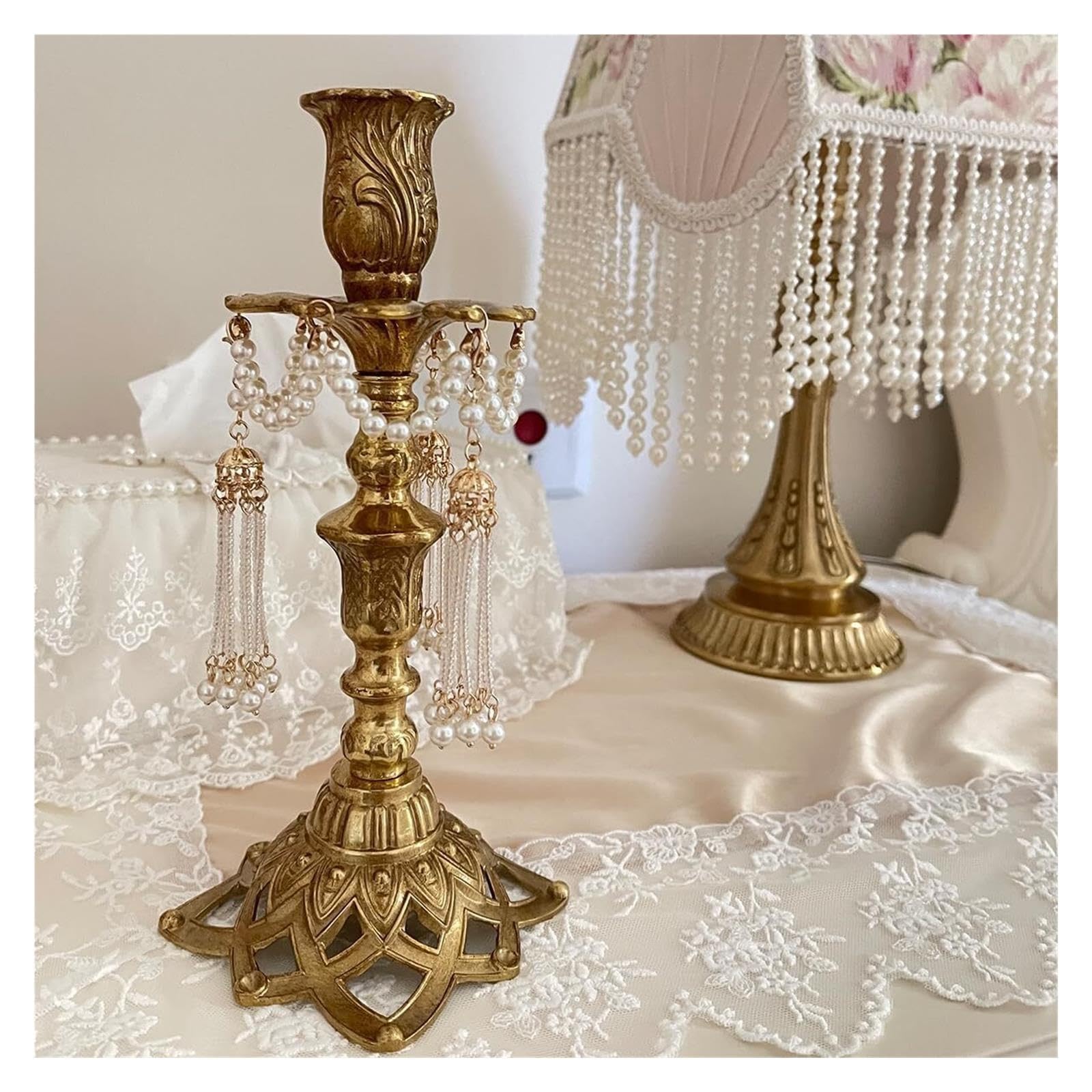 Portacandele Candele coniche con Nappe di Perle Candeliere in Ottone Decorazioni per la mensola del Camino