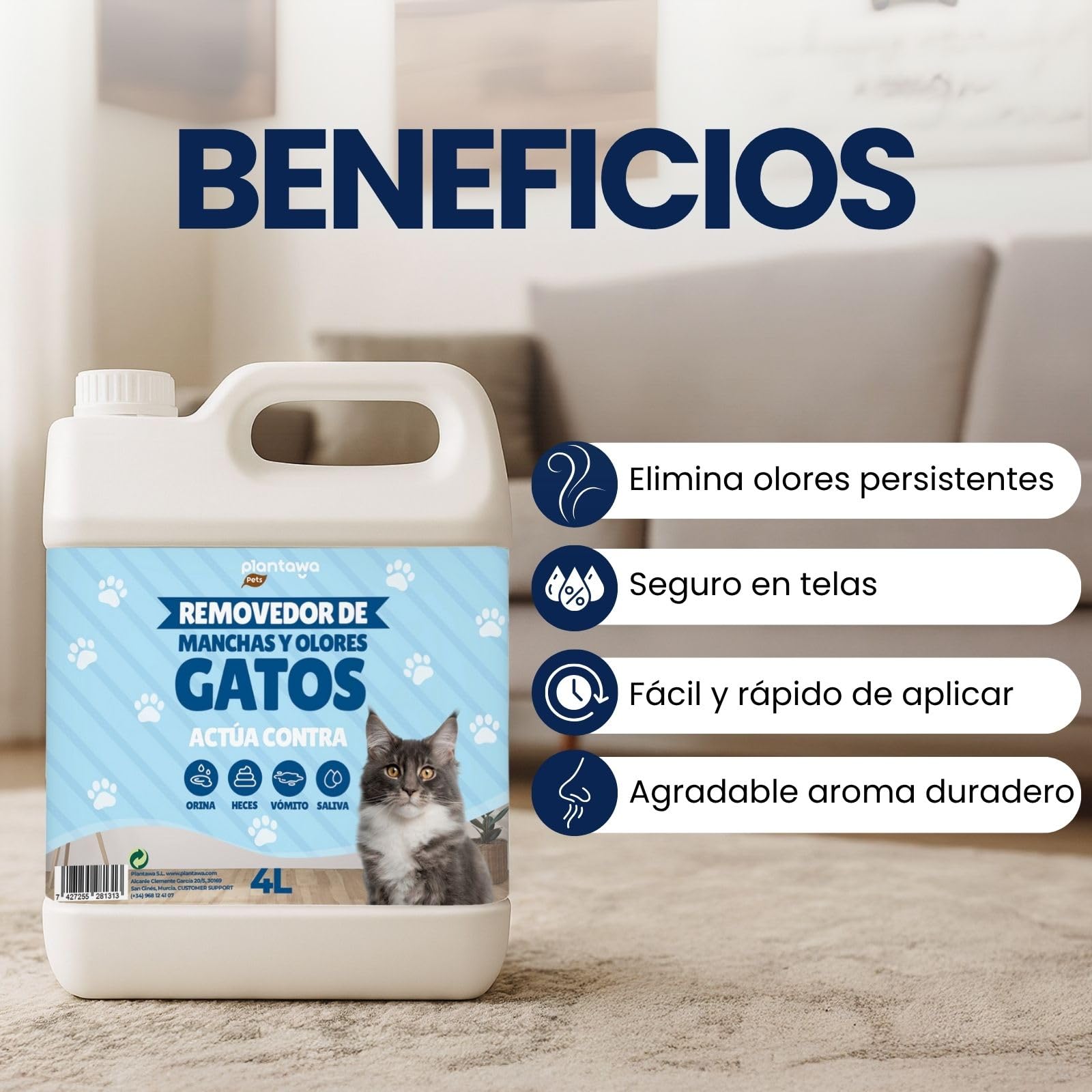 Plantawa Limpiador Enzimático Orina Gatos 4L | Neutralizador de Olores Gatos y Anti Pis Gato | Elimina Heces, Vómito y Chaolor Urina Mascotas | Textiles y Muebles