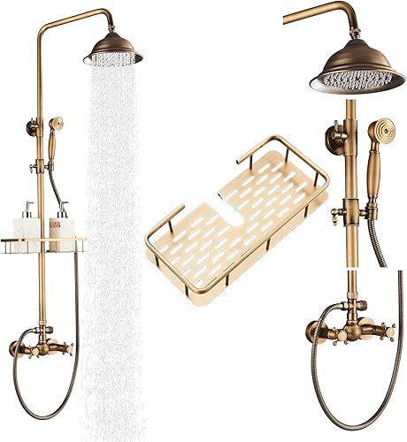 Grifo de ducha de latón antiguo, montaje en pared, juego de ducha de lluvia de latón de 8 pulgadas, cabezal de ducha de mano de doble cruz para