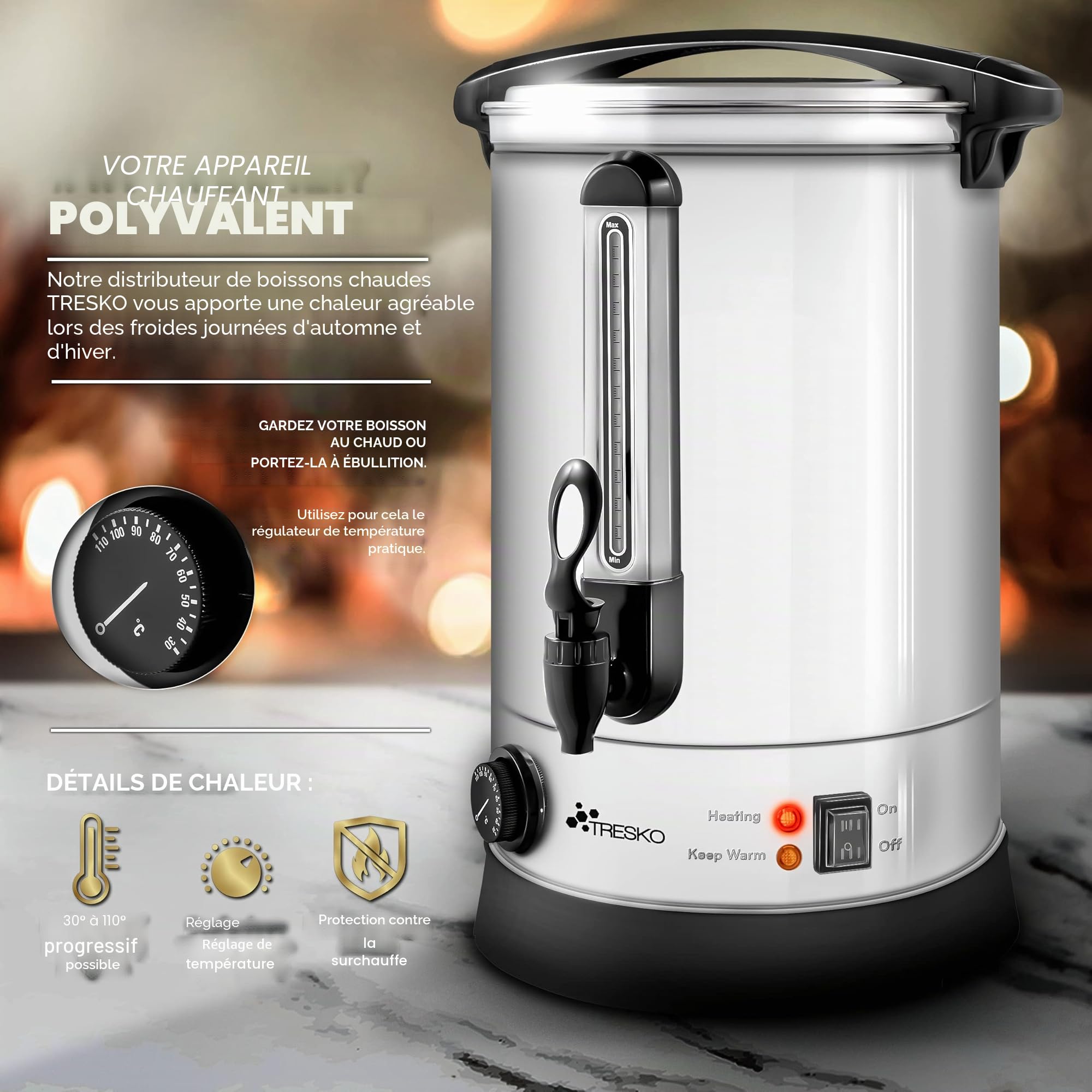 TRESKO® Bouilloire à vin chaud 30 l / 2500 W en acier inoxydable - Bouilloire à vin chaud - Distributeur d'eau chaude