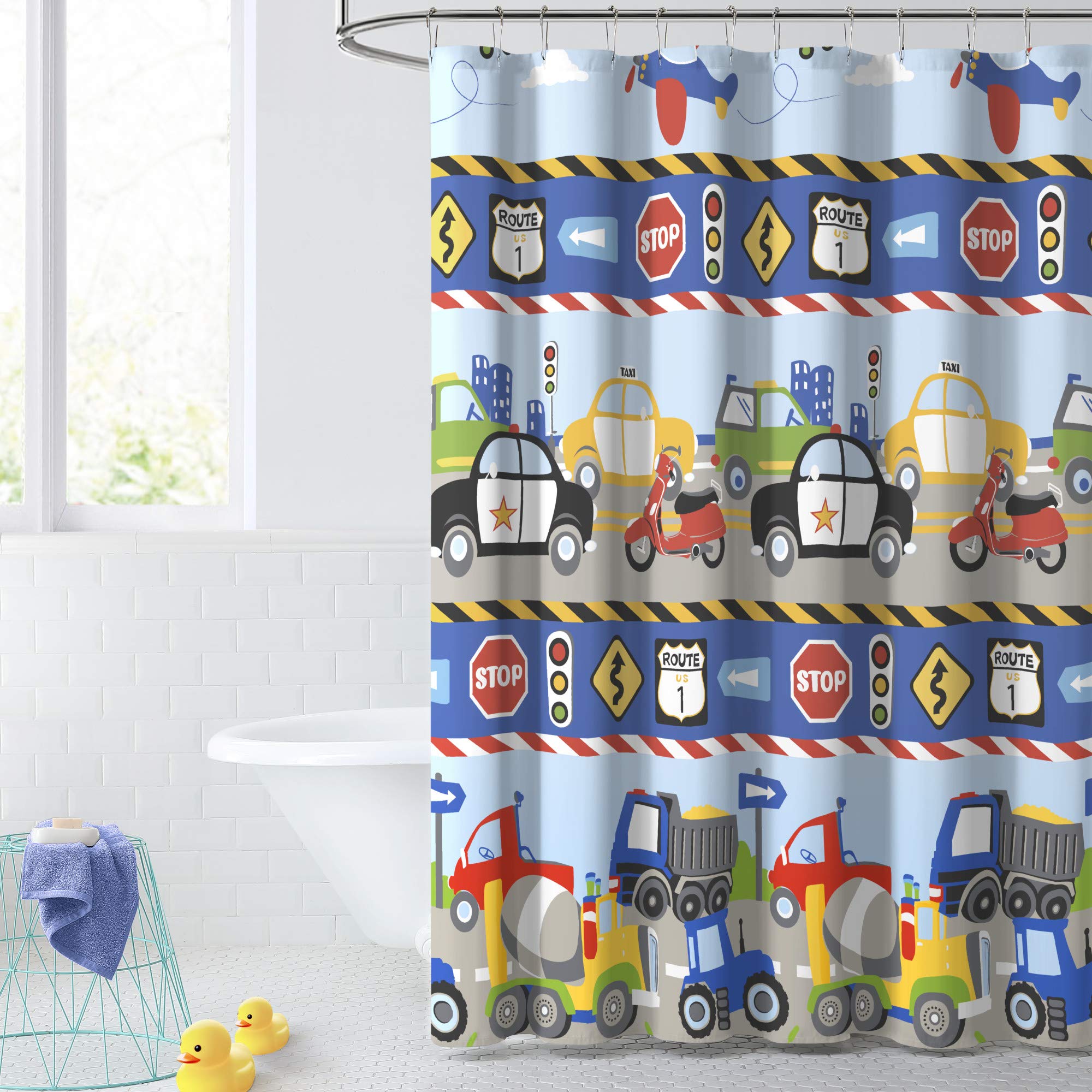 dream factory kids fabric shower curtain for bathroom 72 in x 72 in w x l blue red trains and trucks