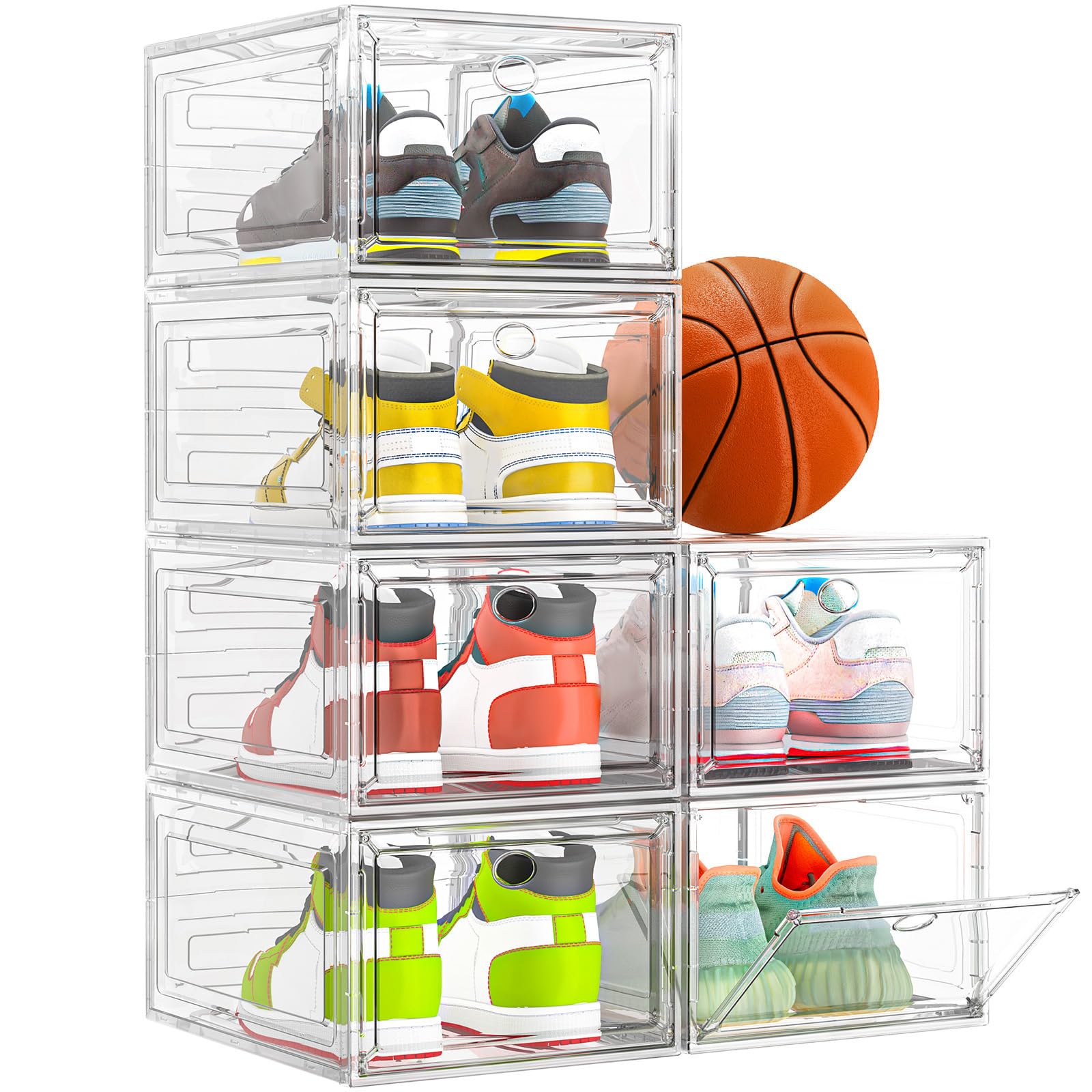 thicken amp sturdy clear shoe storage organizer with magnetic door stackable boxes for closet foldable space-saving shoe rack for sneaker boot container plastic shoe cabinet shoe box 6 pack white