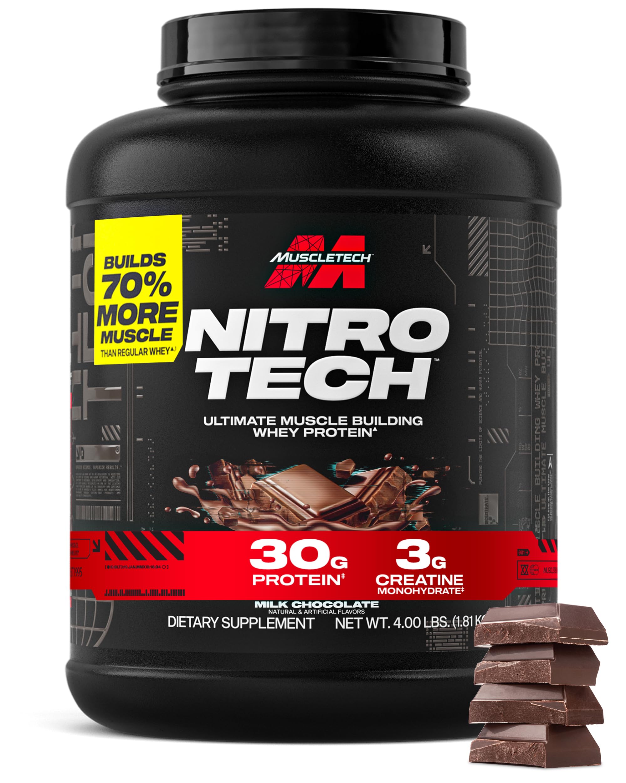 muscletech whey protein powder milk chocolate 4 pound - nitro-tech ultimate muscle building formula with whey protein isolate - 30g of protein 3g of creatine amp 68g of bcaa - packaging may vary