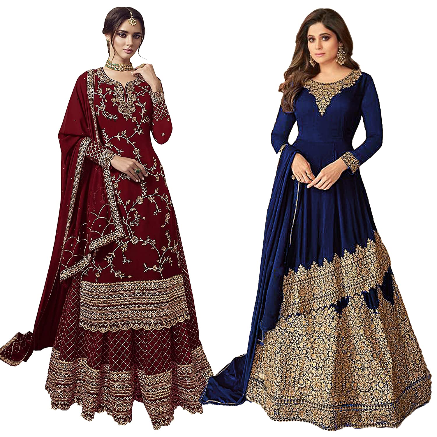 Hoyendiafad Women's Multicolor Faux Georgette Embroidered Semi Stitched Combo Of Kurta Palazzo Set And Lehenga Dress Material Pack of 2 (1033-Maroon_1050-Blue)