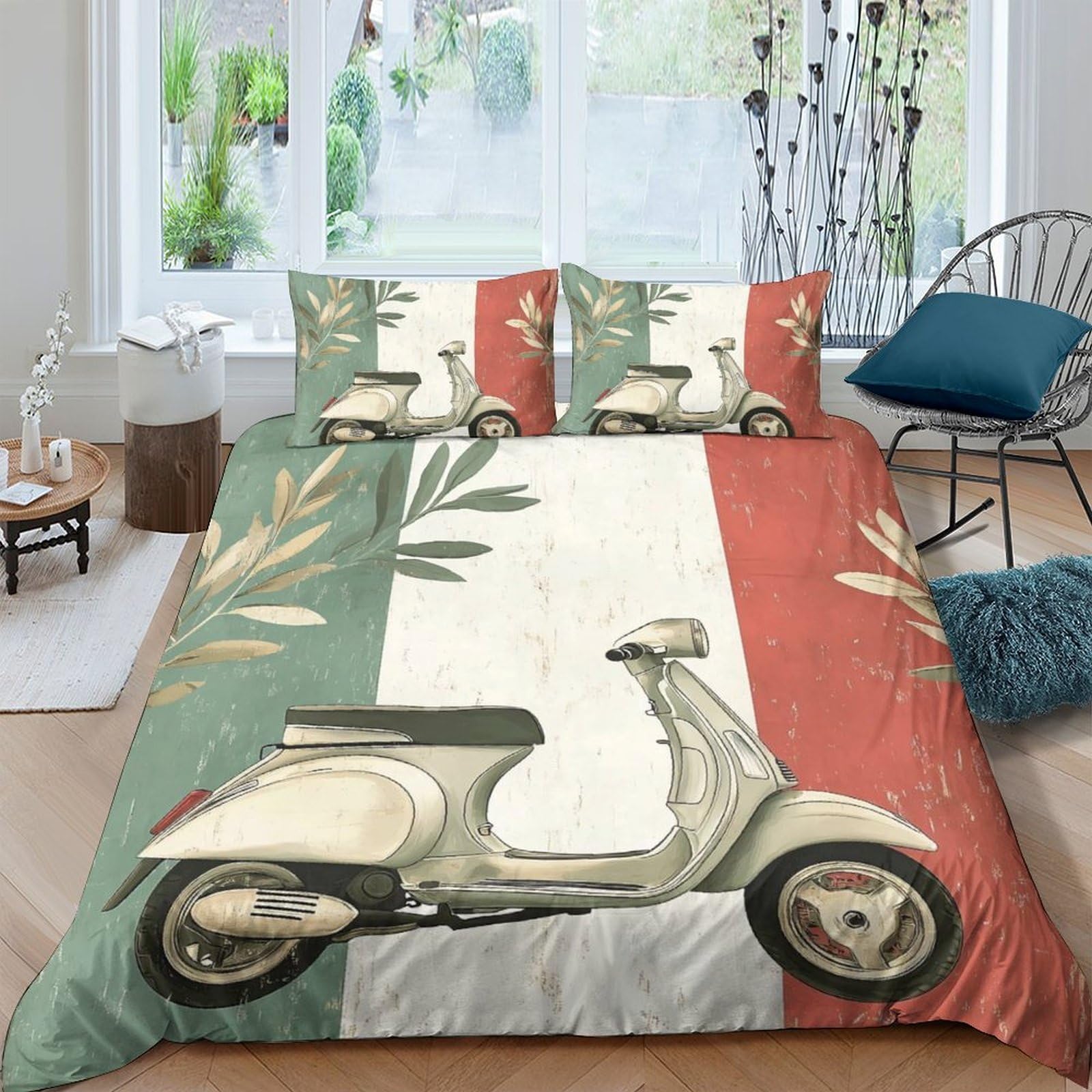 P5V6M1Q9 3D Printed Italian Flag Vespa Duvet Cover Microfiber Soft Breathable Scooter Bedding Set with 2 Pillowcases for Bedroom Decor Single（135x200cm）