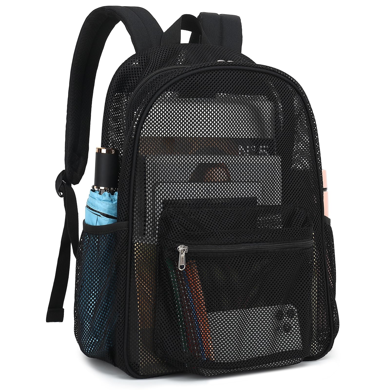 Fuyicat Black Mesh Backpack for Girls, Semi-Transparent School Bookbag See Through Beach Bags for Kids Women