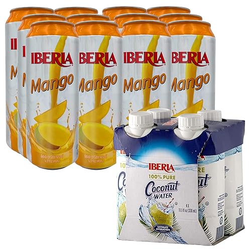 Iberia Bebida de jugo de mango, 16.57 onzas líquidas, paquete de 12 + Iberia 100% agua de coco natural de 11.1 onzas (paquete de 4)