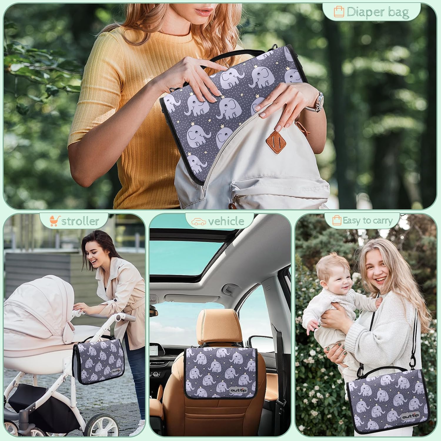 Small Diaper Bag - Lightweight, Spacious & with Portable Changing Pad – Little Baby Bag Perfect for Day Trips – Quick-Access Wipes Pocket & Dedicated Parents’ Organizer Elephant