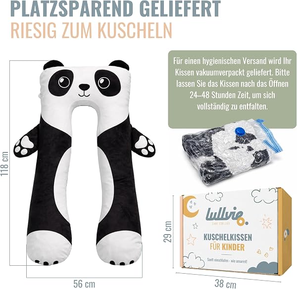 Lullvie Panda Kuscheltier Kissen 118x56cm Seitenschläferkissen Schlafkissen für Kinder, Bett Lesekissen Bettschlange ADHS Kissen inkl. gratis Wäschesack & E-Book Kinderbuch Geschenke - 5