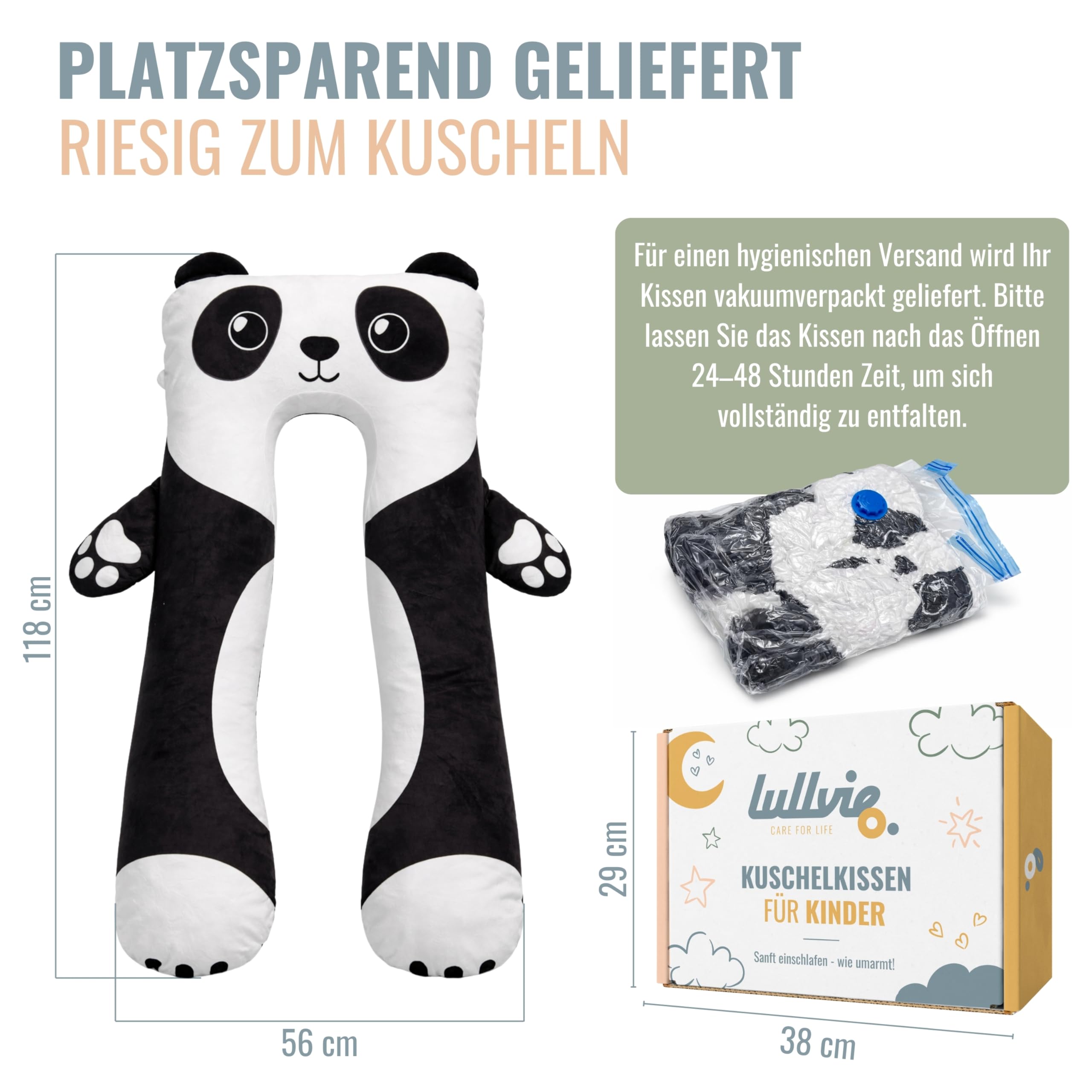 Lullvie Panda Kuscheltier Kissen 118x56cm Seitenschläferkissen Schlafkissen für Kinder, Bett Lesekissen Bettschlange ADHS Kissen inkl. gratis Wäschesack & E-Book Kinderbuch Geschenke - 5