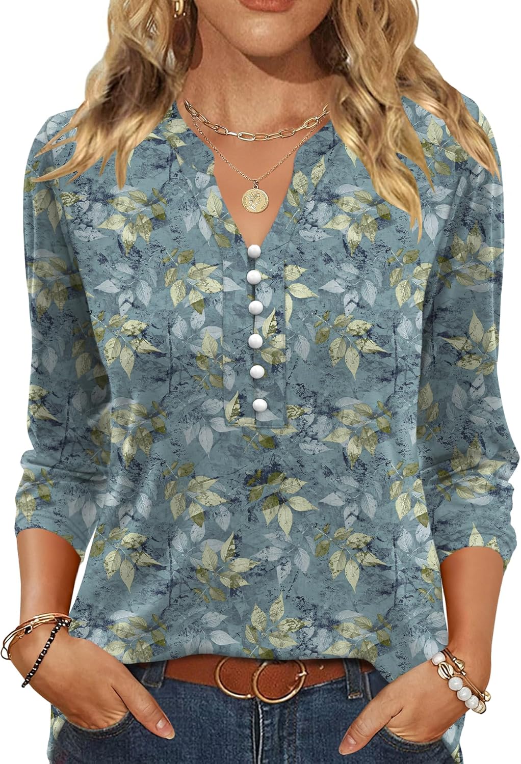 LUYAA Womens Blouses 3/4 Length Sleeve Tops 2026 Pearl Button Down Shirts Spring Summer Business Casual Outfits for Women