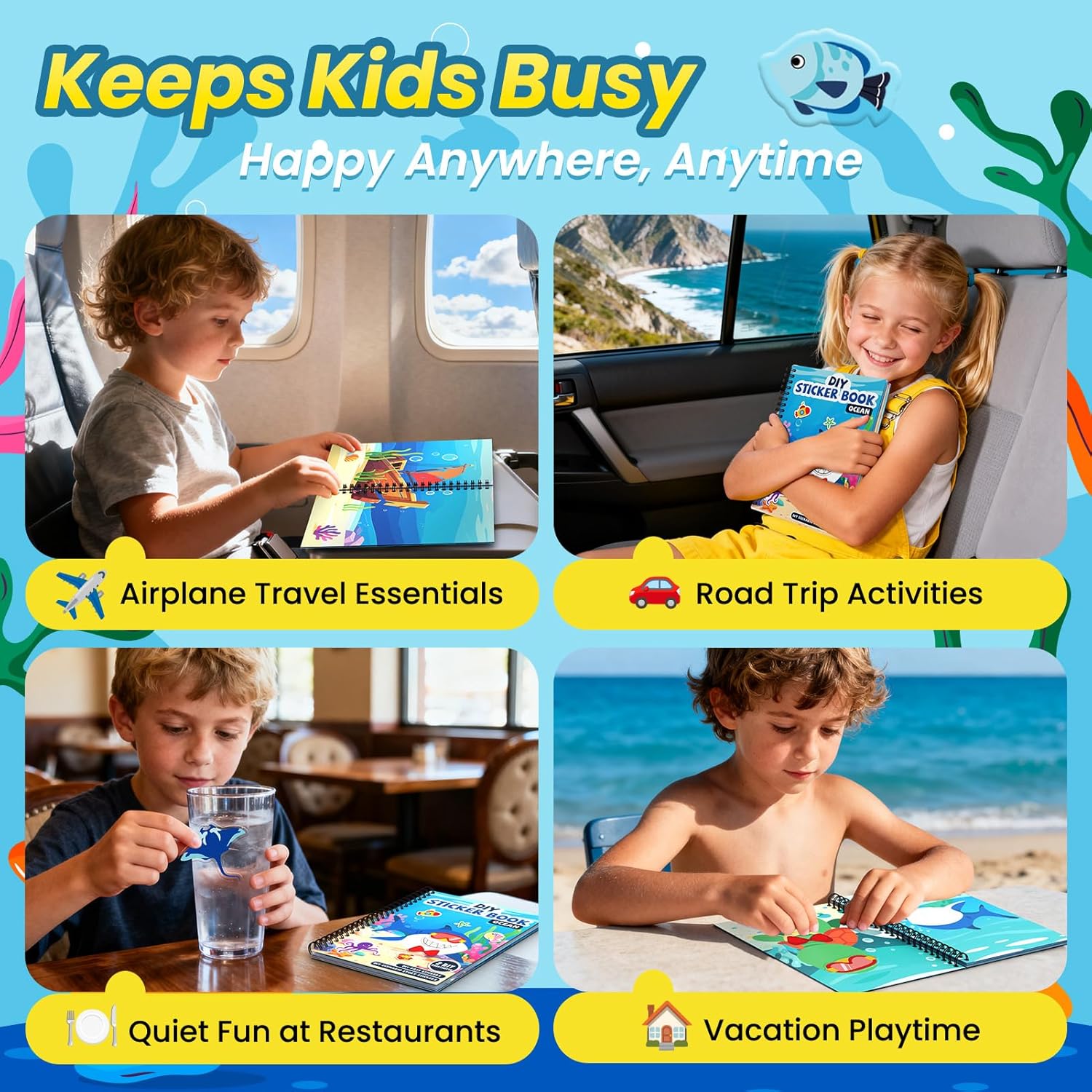 Ocean Reusable Sticker Book for Toddlers, DIY Make-a-face Animals Jelly Fun 3D Stickers, Washable Puffy Stickers for Kids Toys, Airplane Road Trip Travel Activities Essentials for Kids 3 4 5 Years