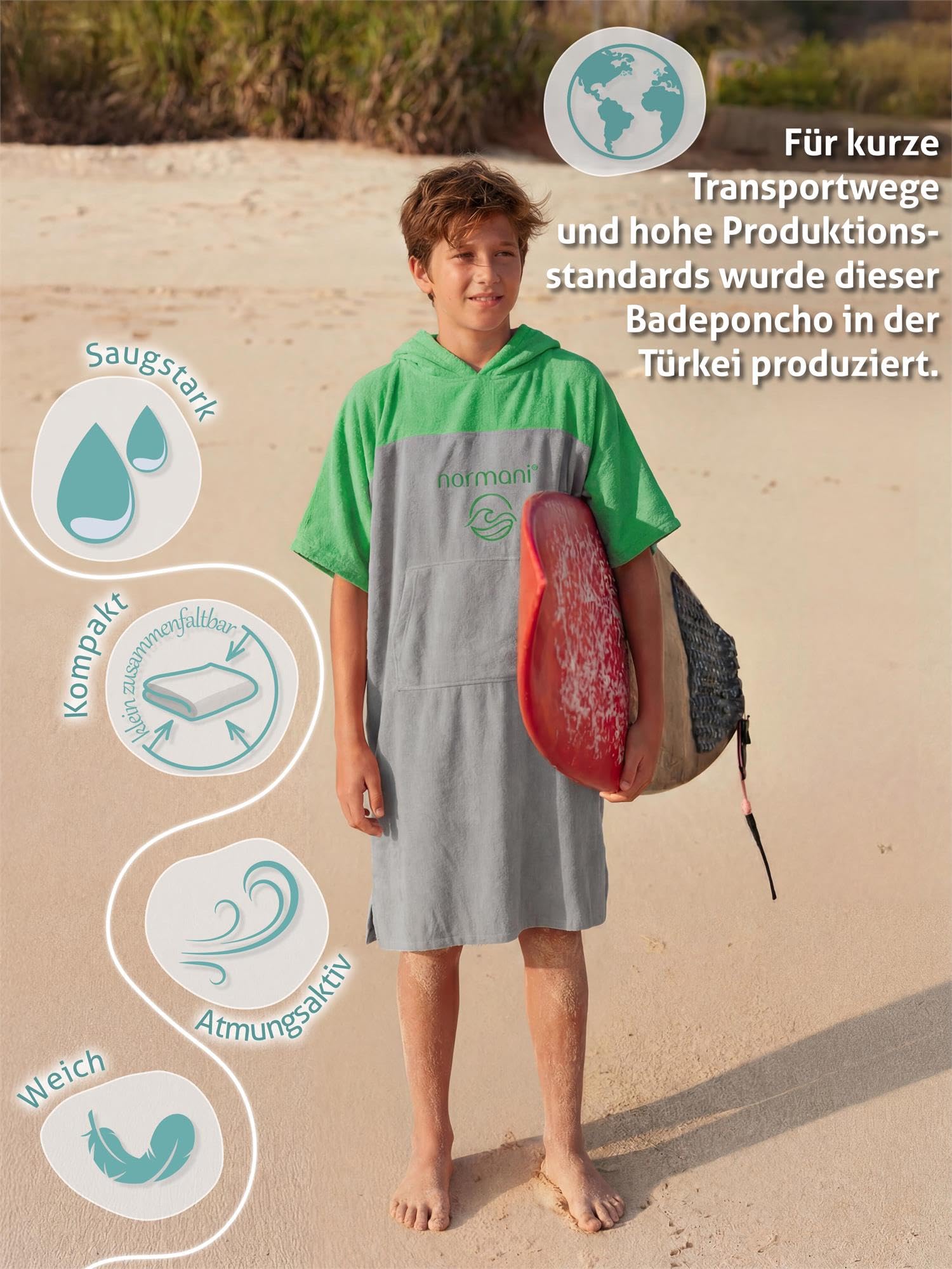 normani Teenager Frottee Badeponcho aus Bio-Baumwolle für Jungen und Mädchen - Strandponcho Surfer Poncho mit Umziehhilfe Grün OneSize