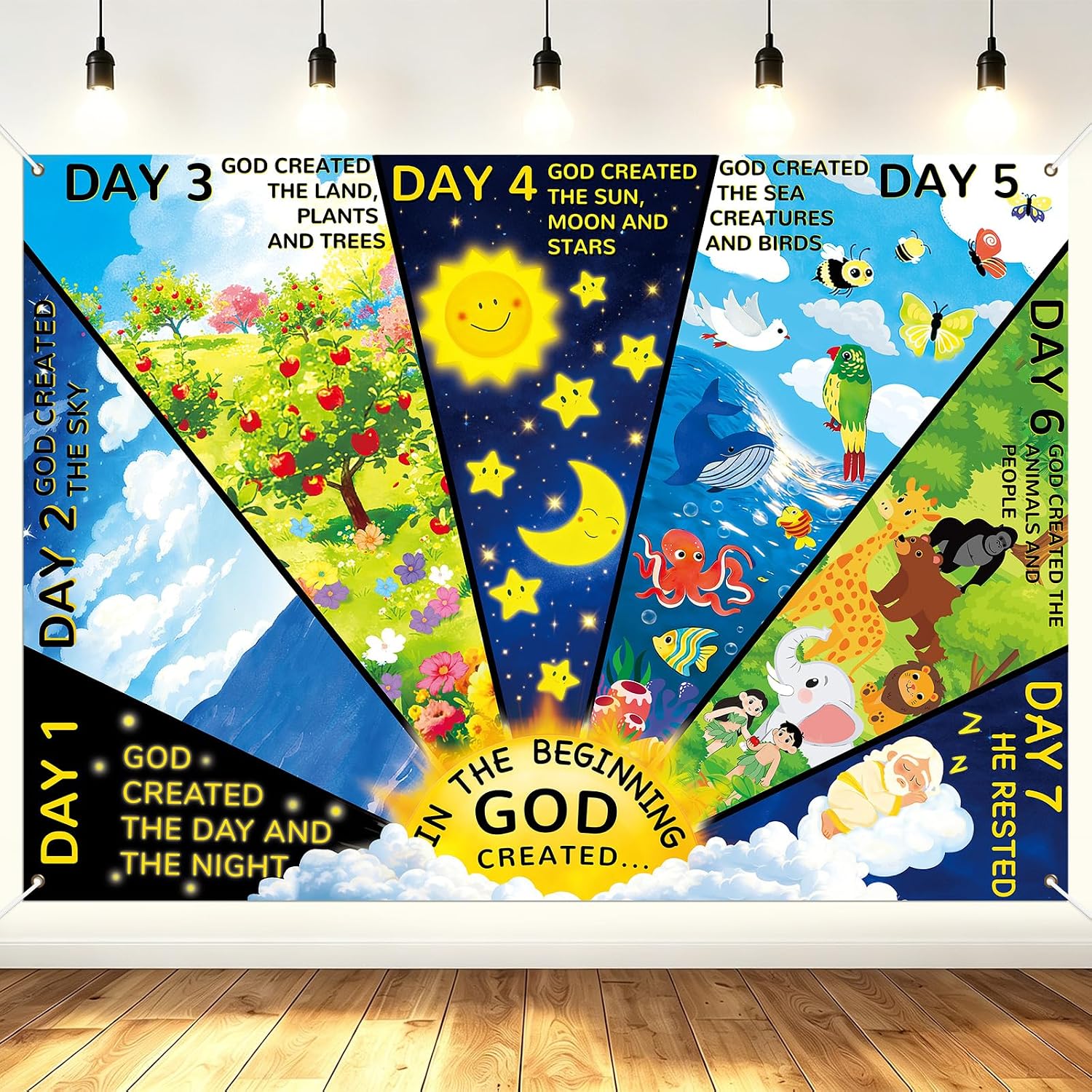 Christian Backdrop 7 Days of Creation Christian Background Religious Easter Hanging Banner God Created the World Background Jesus Religious Photo Backdrop for Sunday School Church Classroom Wall Decor