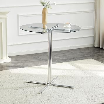 Modern 36" Round Glass Bar Height Cocktail Table for Home Bar, Round Counter Height Bar Table with Tempered Glass Top and Metal Base for Dining Room Living Room Silver