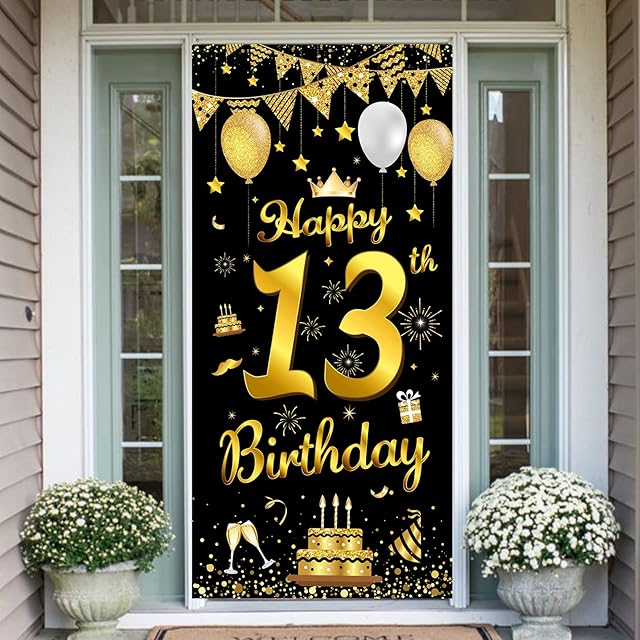 13th Birthday Banner, 13th Birthday Black Gold Party Decorations Backdrop and Door Banner for Boys and Girls,13th Birthday Party Decoration Black Gold Fabric Backdrop