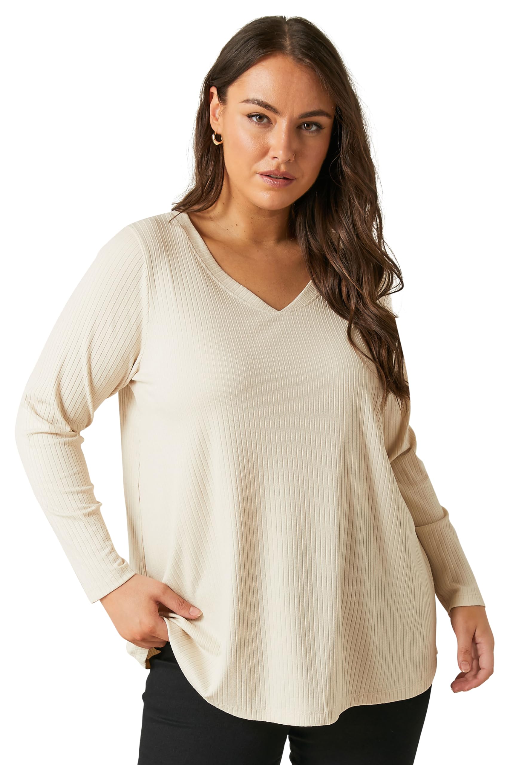 Evans Women's Cream Curve Premium Ribbed Modal Blend Swing Top - Plus Size Curve
