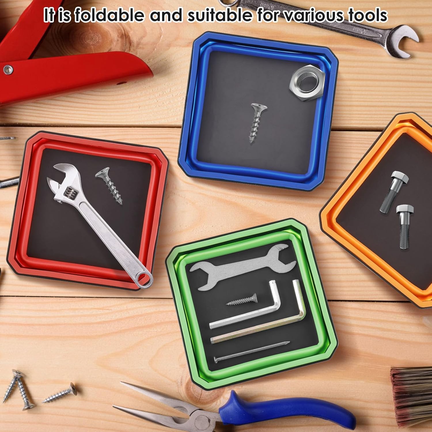 4Pcs Collapsible Magnetic Parts Tray Set 4.5" Silicone Foldable Magnetic Tool Tray Multi-Color Magnetic Screw Storage Tray Magnetic Tool Square Tray Organizer for Screw Bolt Nut Washer